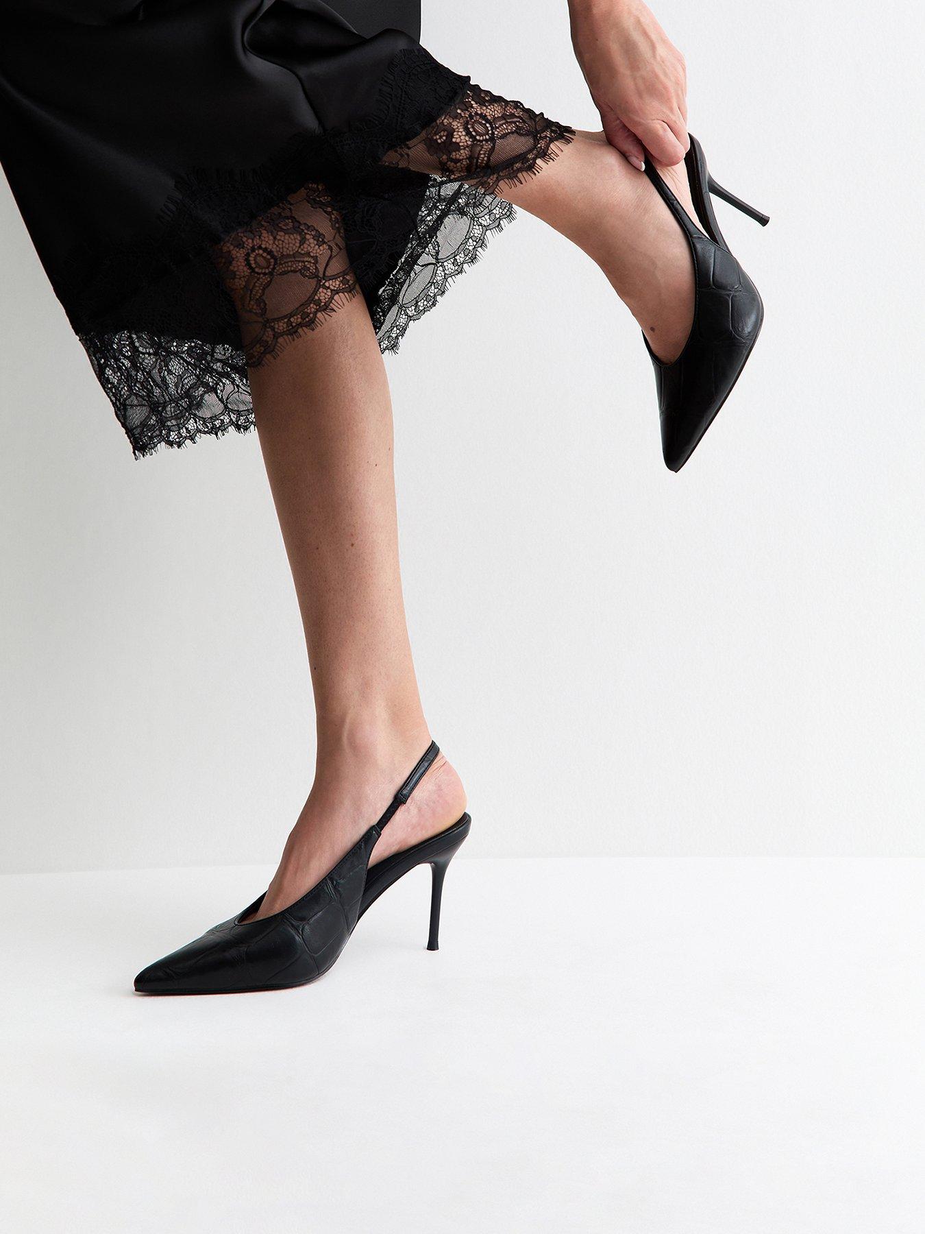 New Look Black Faux Leather Crocodile Embossed Pointed Toe Slingback Heels