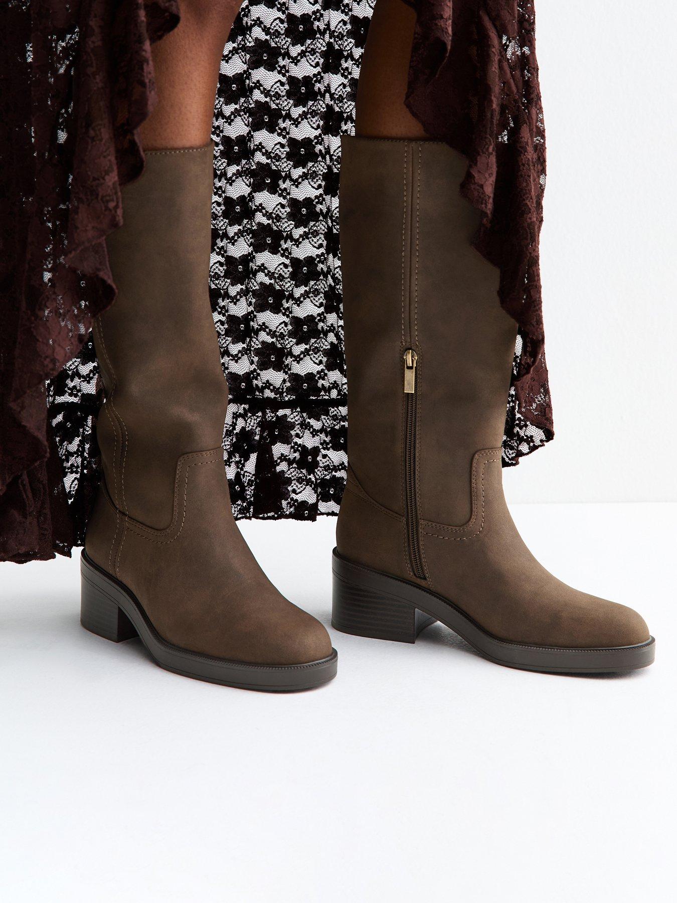 New Look Faux Suede Knee High Boots - Dark Brown