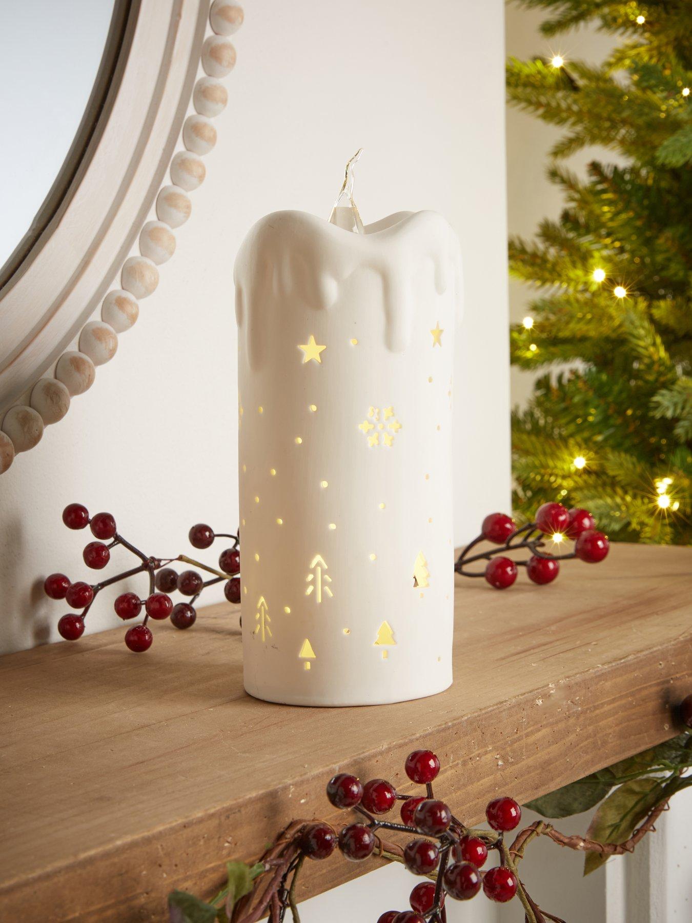 Image 1 of 7 of Festive Lit Ceramic White Candle Battery Operated - 22cm