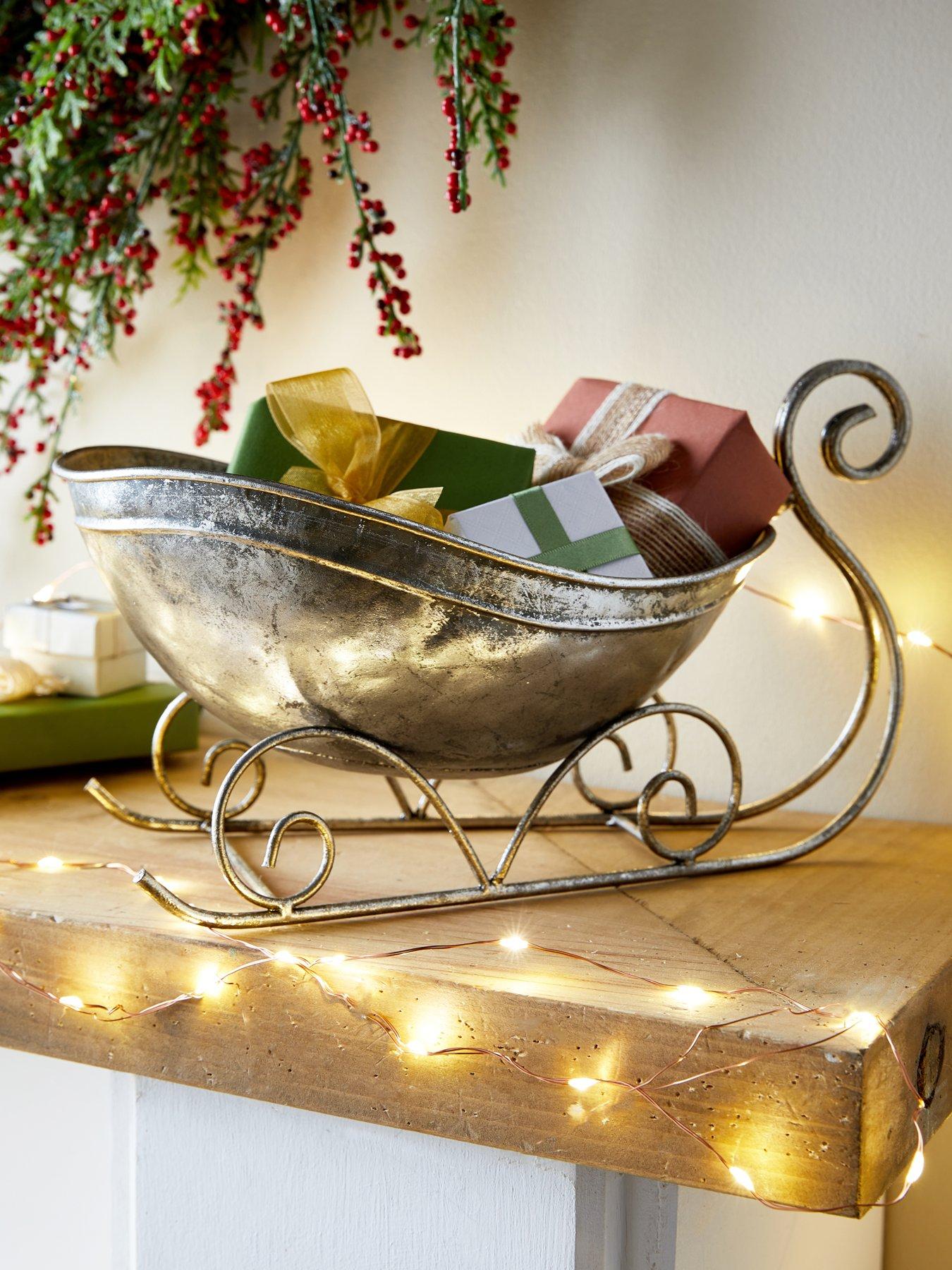 Festive Silver Aged Metal Sleigh Christmas Decoration - 29 cm