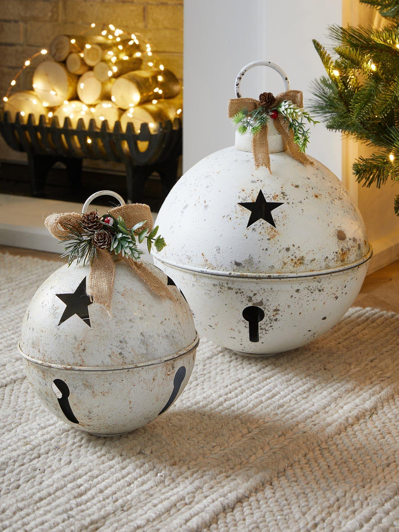 Image 1 of 7 of Festive Pack of 2 Hanging White Rustic Bell Christmas Tree Decorations