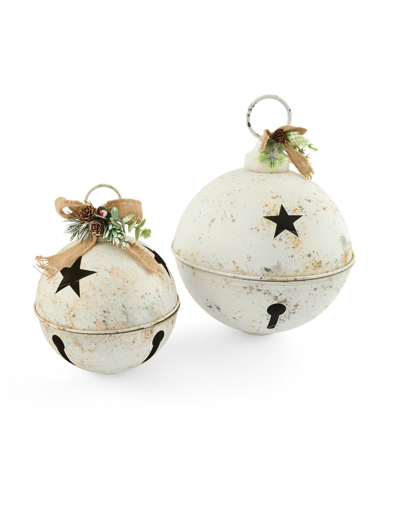Image 2 of 7 of Festive Pack of 2 Hanging White Rustic Bell Christmas Tree Decorations