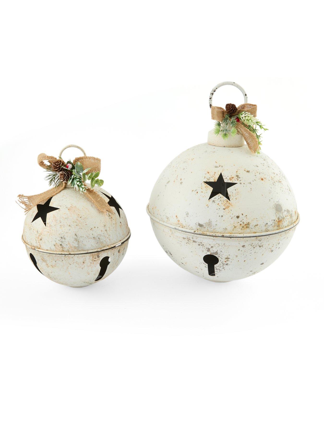 Image 3 of 7 of Festive Pack of 2 Hanging White Rustic Bell Christmas Tree Decorations
