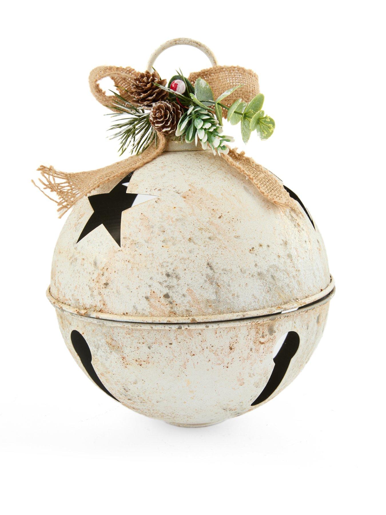 Image 4 of 7 of Festive Pack of 2 Hanging White Rustic Bell Christmas Tree Decorations