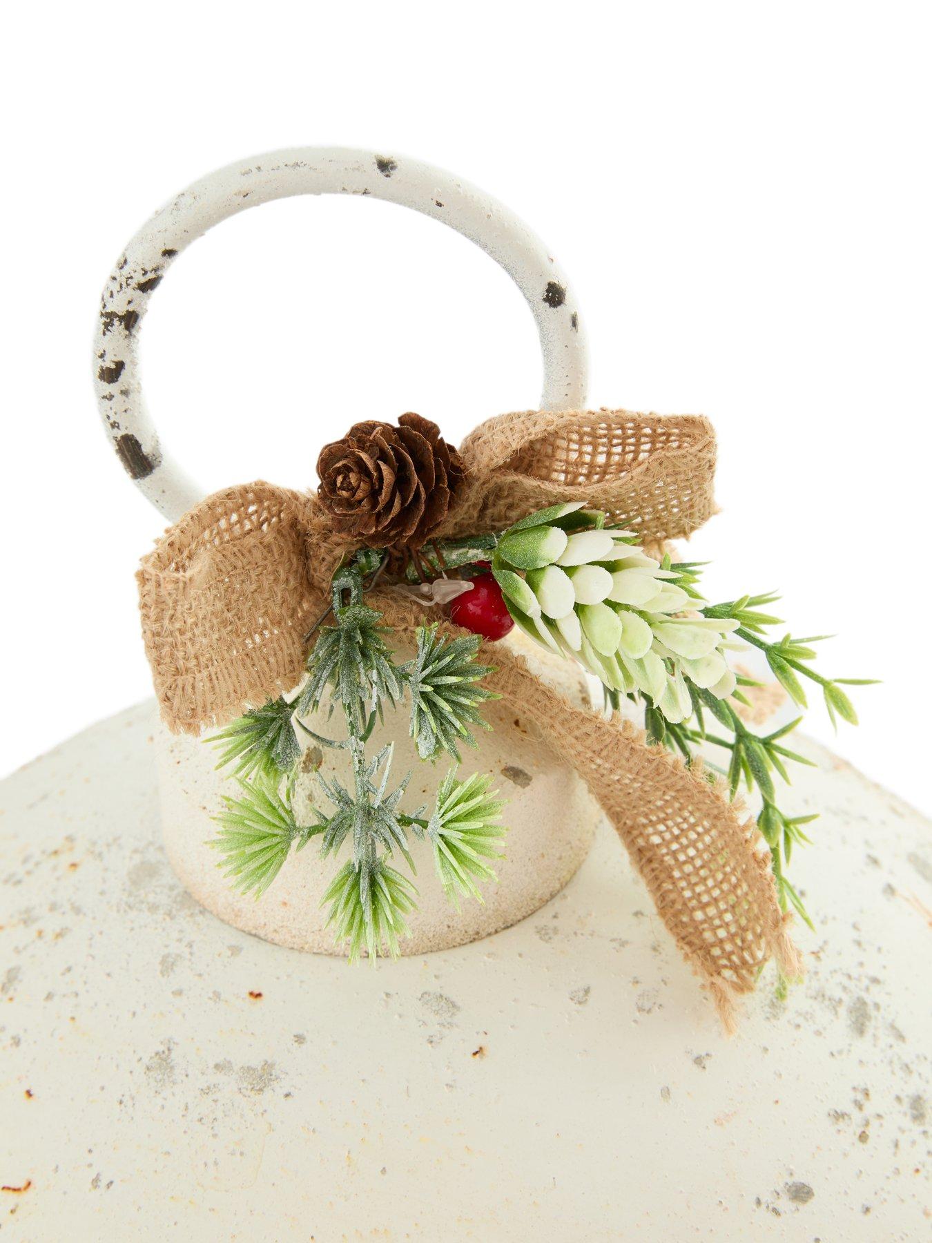 Image 5 of 7 of Festive Pack of 2 Hanging White Rustic Bell Christmas Tree Decorations