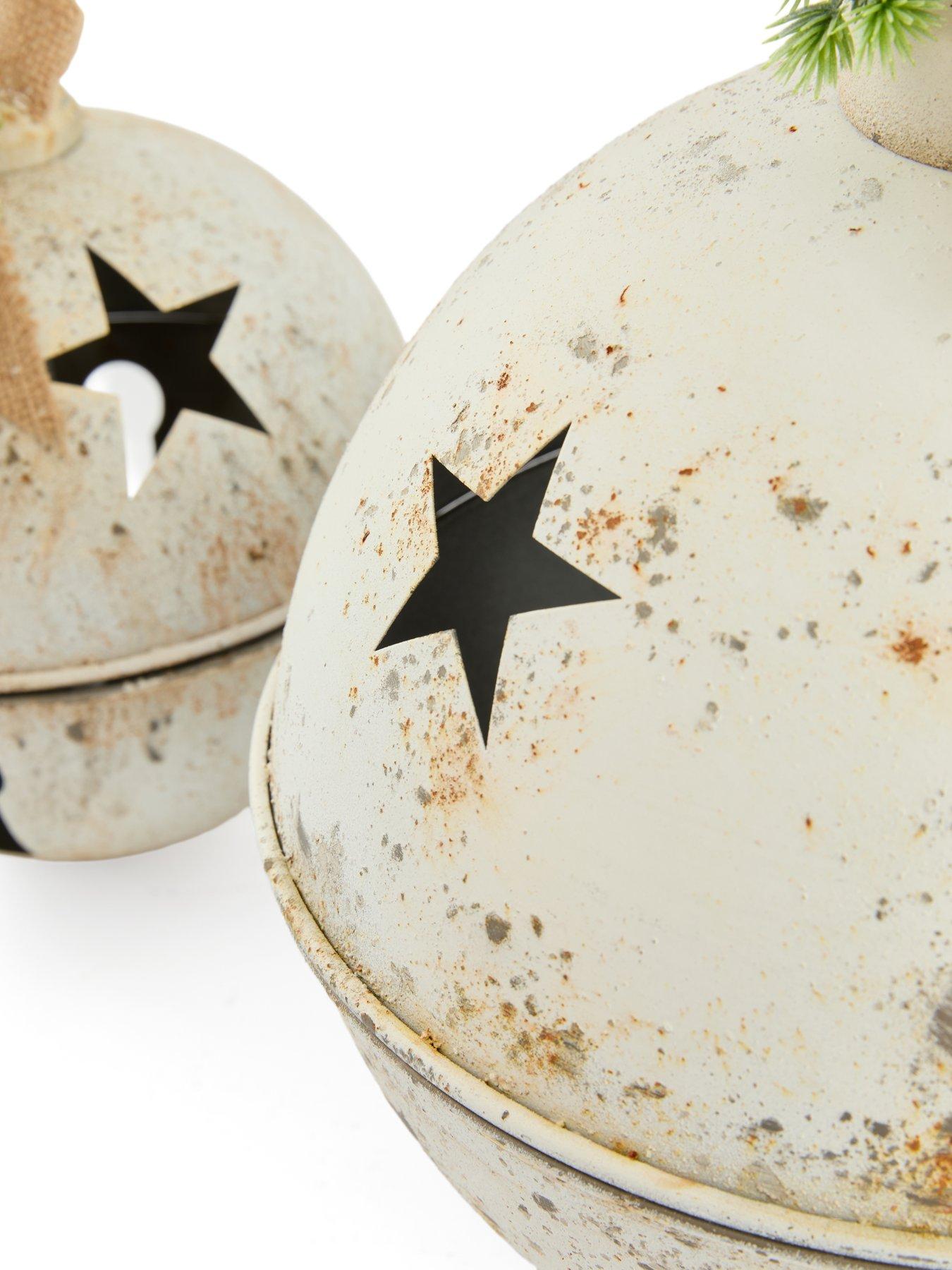 Image 6 of 7 of Festive Pack of 2 Hanging White Rustic Bell Christmas Tree Decorations