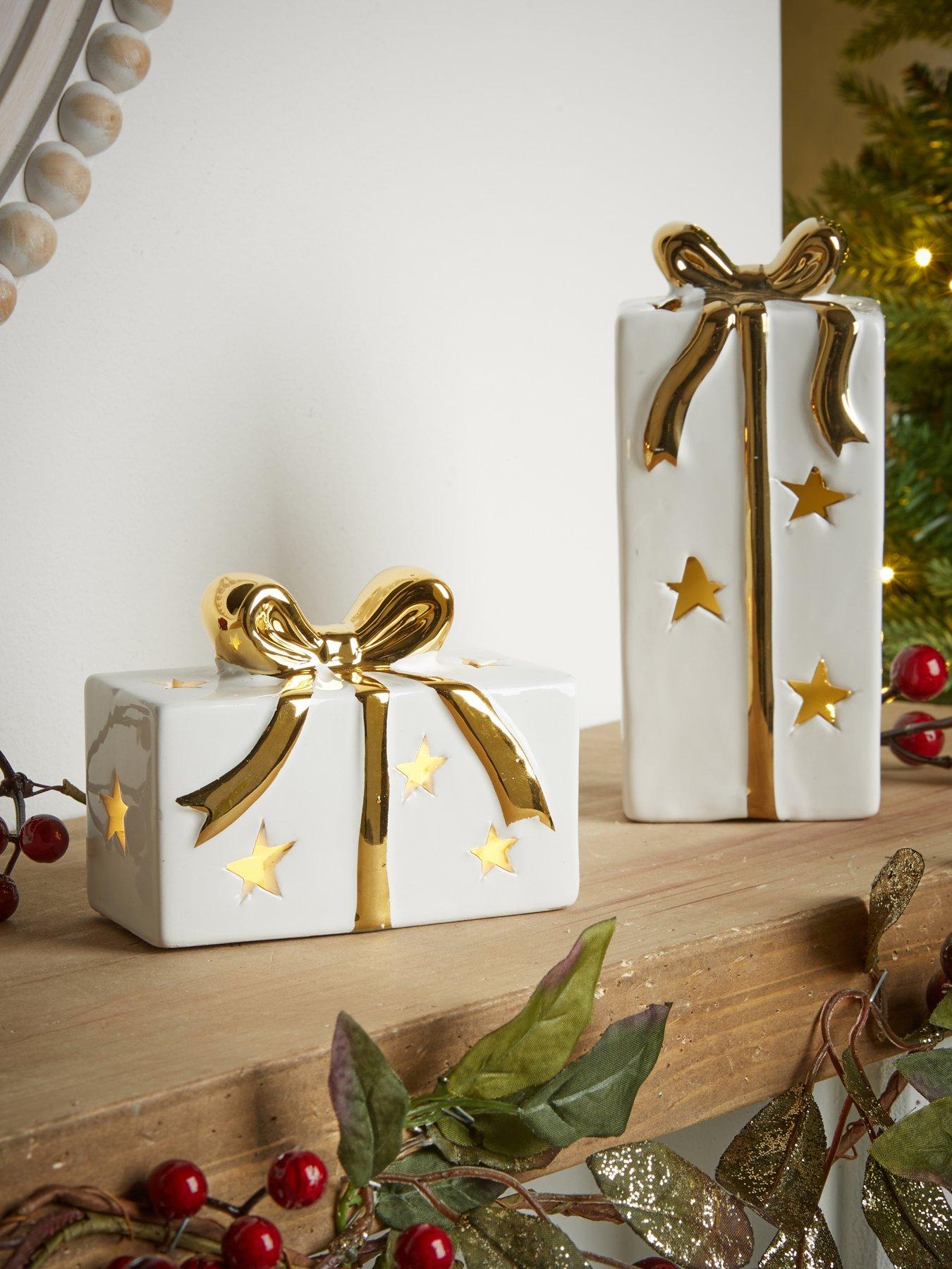 Image 1 of 7 of Festive Pack Of 2 Lit Ceramic Presents