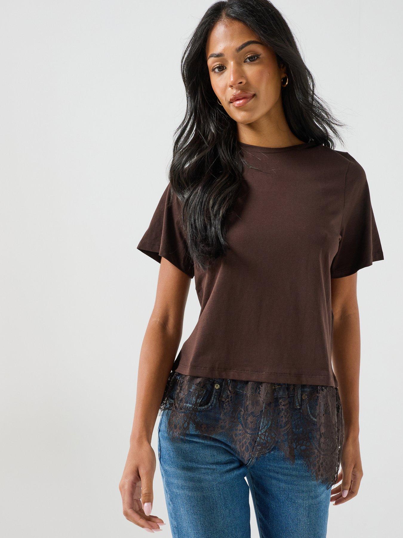 Image 1 of 5 of Vero Moda Womens Lace Hem Short Sleeve T-shirt - Brown