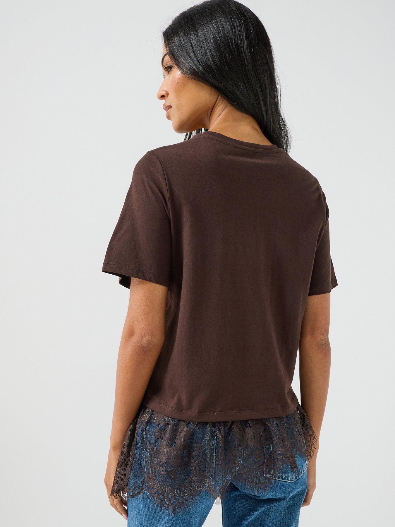 Image 2 of 5 of Vero Moda Womens Lace Hem Short Sleeve T-shirt - Brown