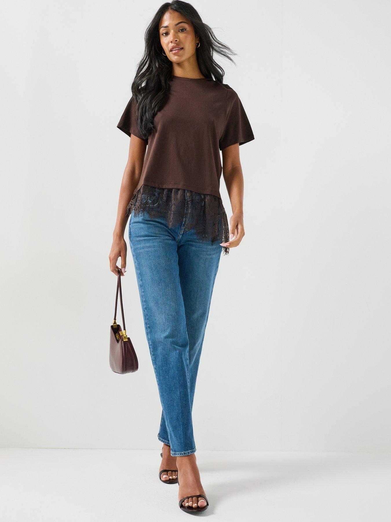Image 3 of 5 of Vero Moda Womens Lace Hem Short Sleeve T-shirt - Brown