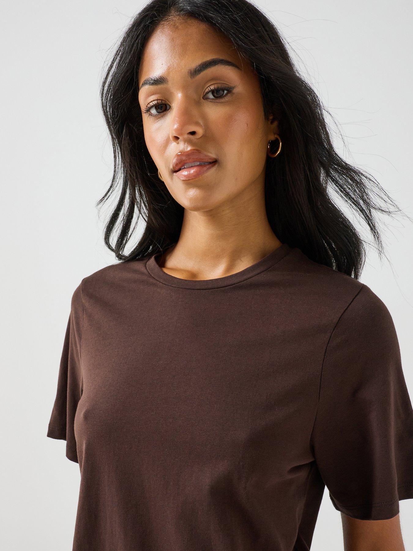 Image 4 of 5 of Vero Moda Womens Lace Hem Short Sleeve T-shirt - Brown