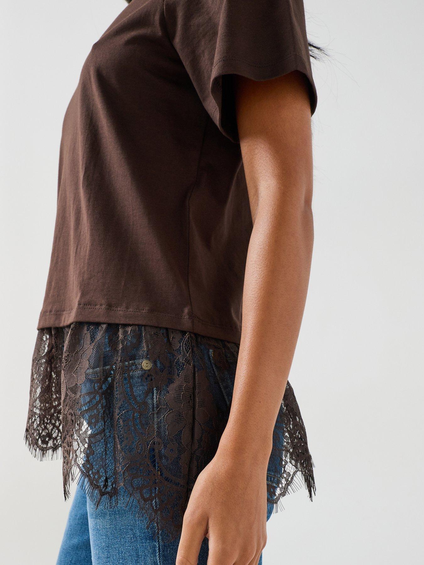 Image 5 of 5 of Vero Moda Womens Lace Hem Short Sleeve T-shirt - Brown