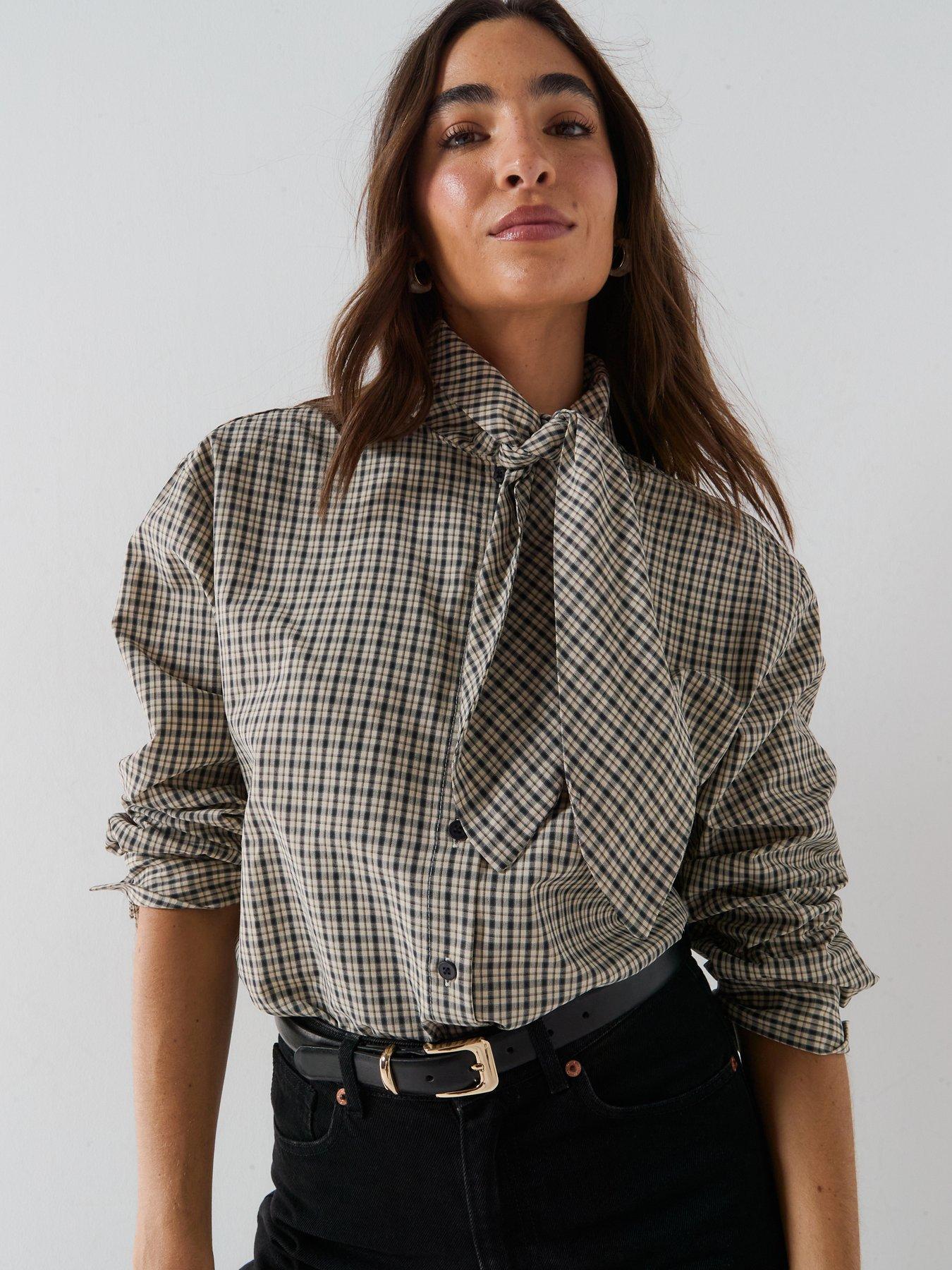 Image 1 of 6 of JDY Women's Check Scarf Tie Neck Long Sleeve Shirt- Beige