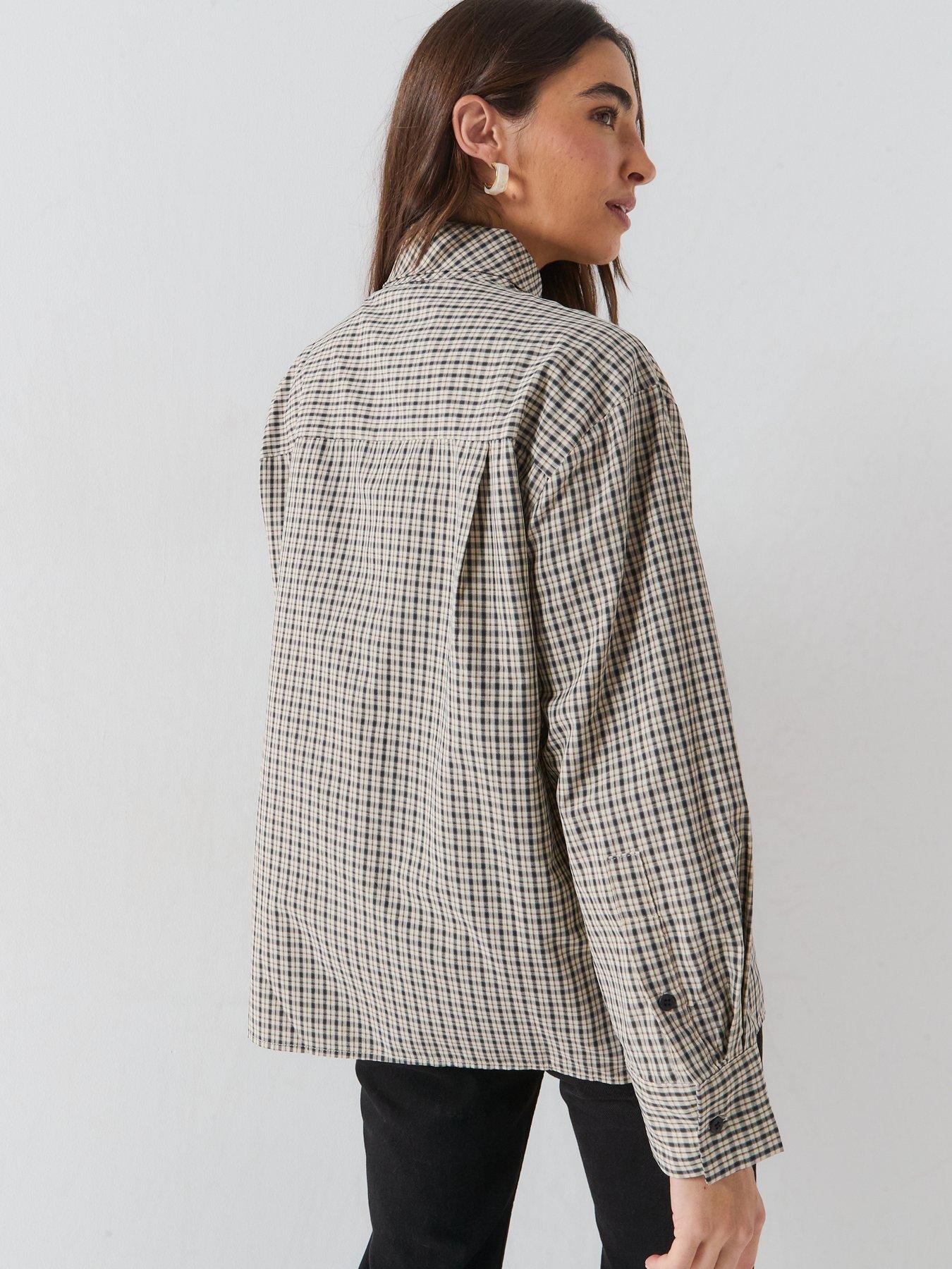 Image 2 of 6 of JDY Women's Check Scarf Tie Neck Long Sleeve Shirt- Beige