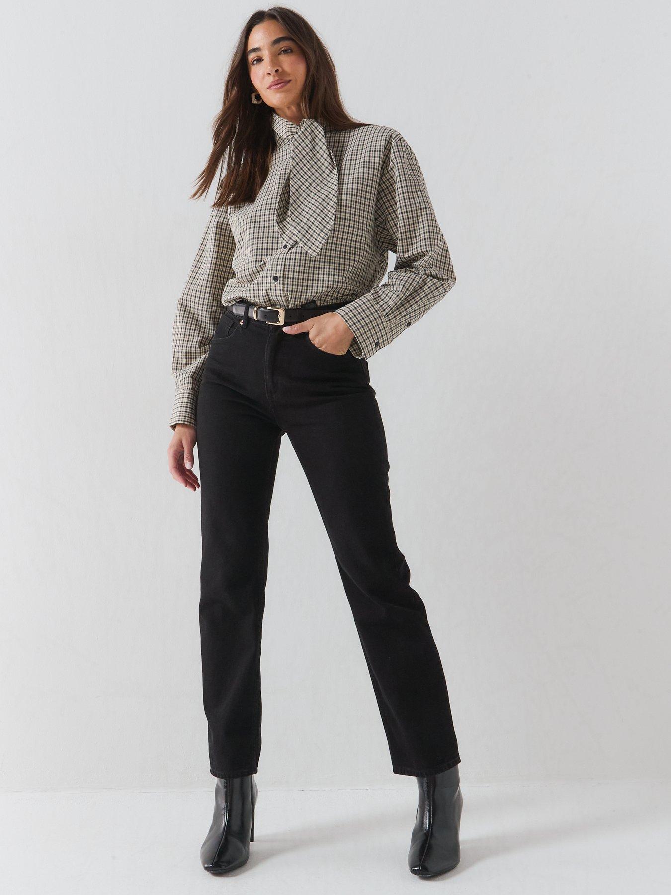 Image 3 of 6 of JDY Women's Check Scarf Tie Neck Long Sleeve Shirt- Beige