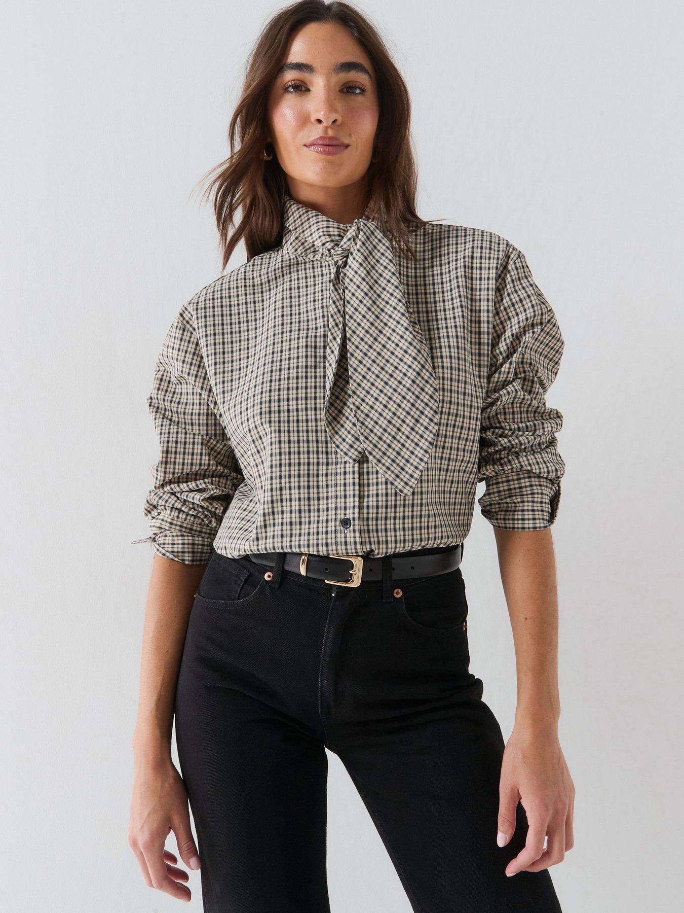 Image 4 of 6 of JDY Women's Check Scarf Tie Neck Long Sleeve Shirt- Beige