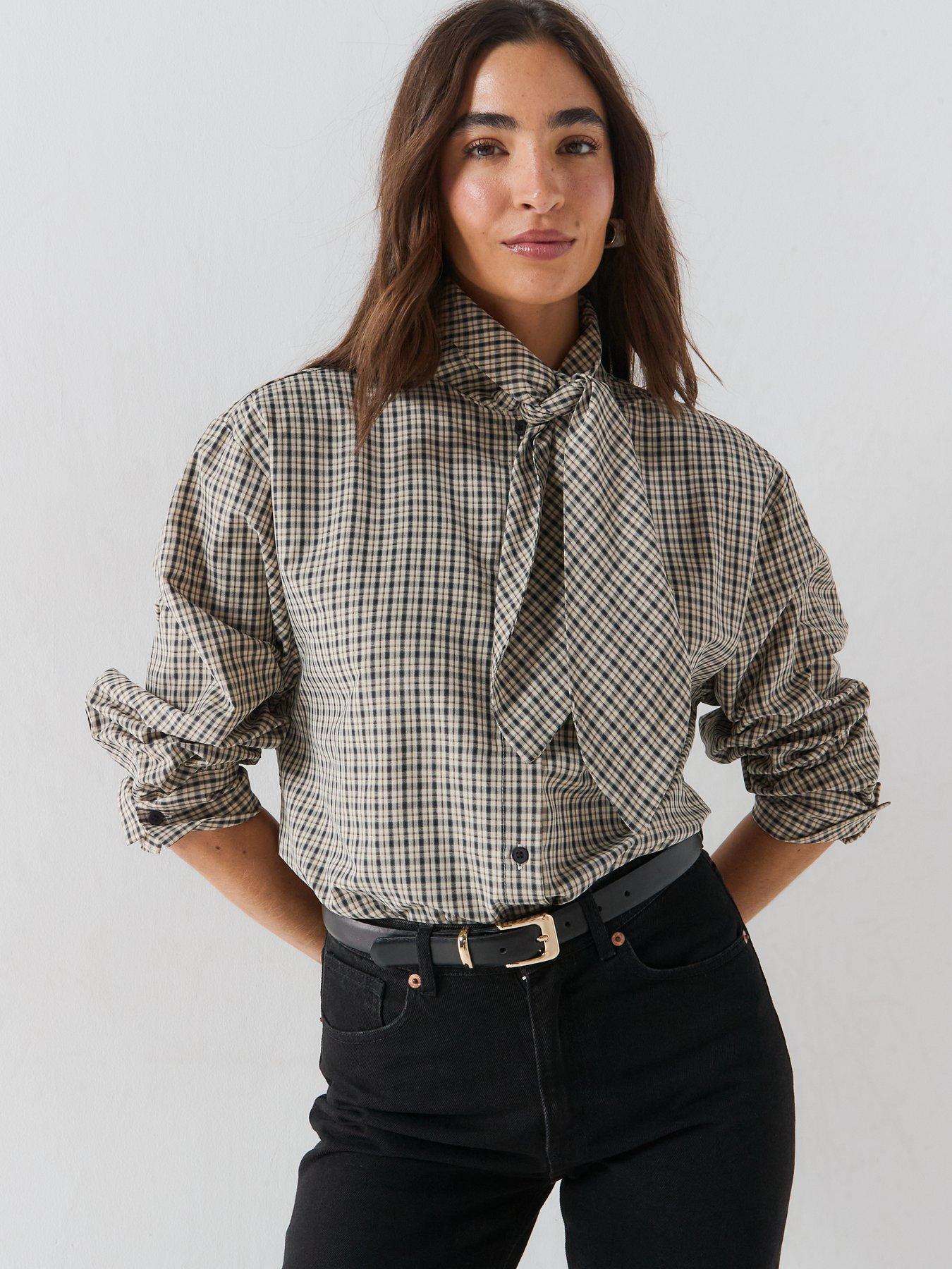 Image 5 of 6 of JDY Women's Check Scarf Tie Neck Long Sleeve Shirt- Beige