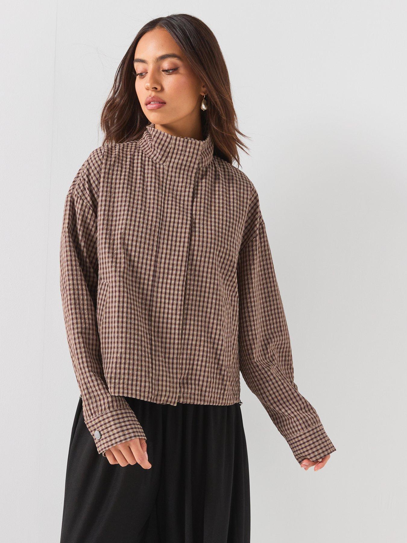 JDY High Collar Button-Front Shacket with Relaxed Fit - Brown