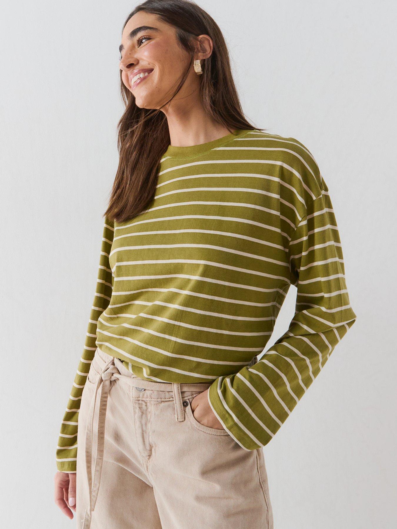 Only Olive Green Striped Boxy Long Sleeve Tshirt