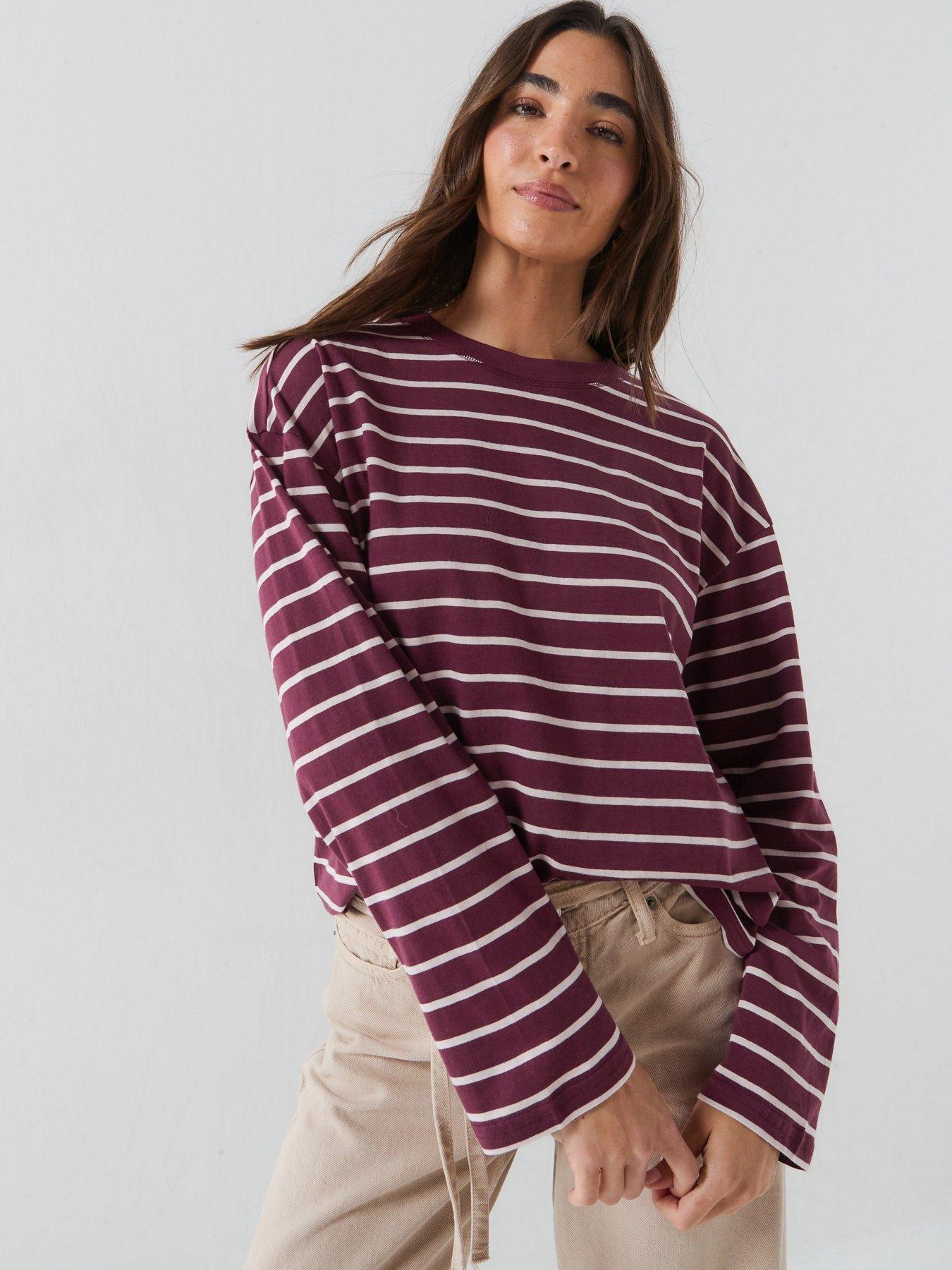 Only Burgundy And Pale Pink Striped Boxy Long Sleeve Tshirt