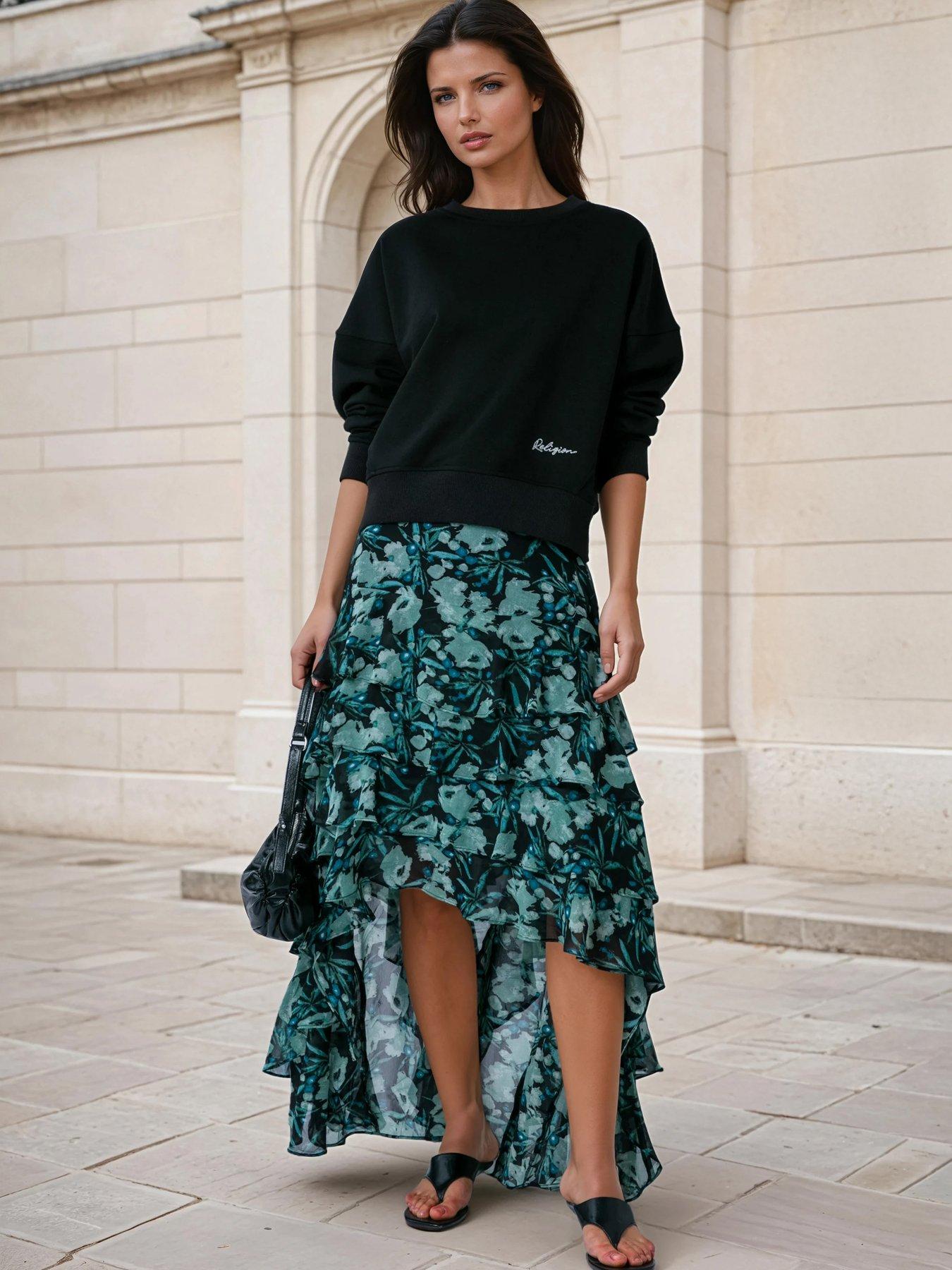Religion Fae Hi Low Ruffle Occasion Skirt In Floral Print - Green