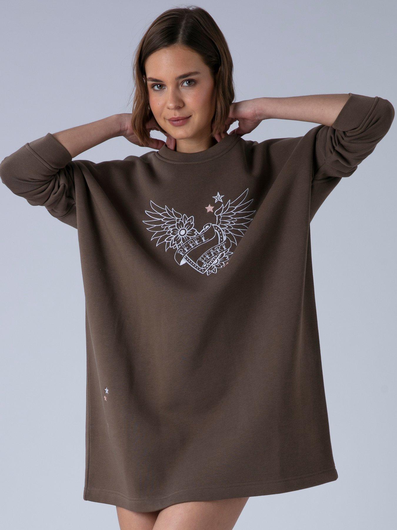 Religion Love Casual Sweatshirt Tunic Dress - Brown