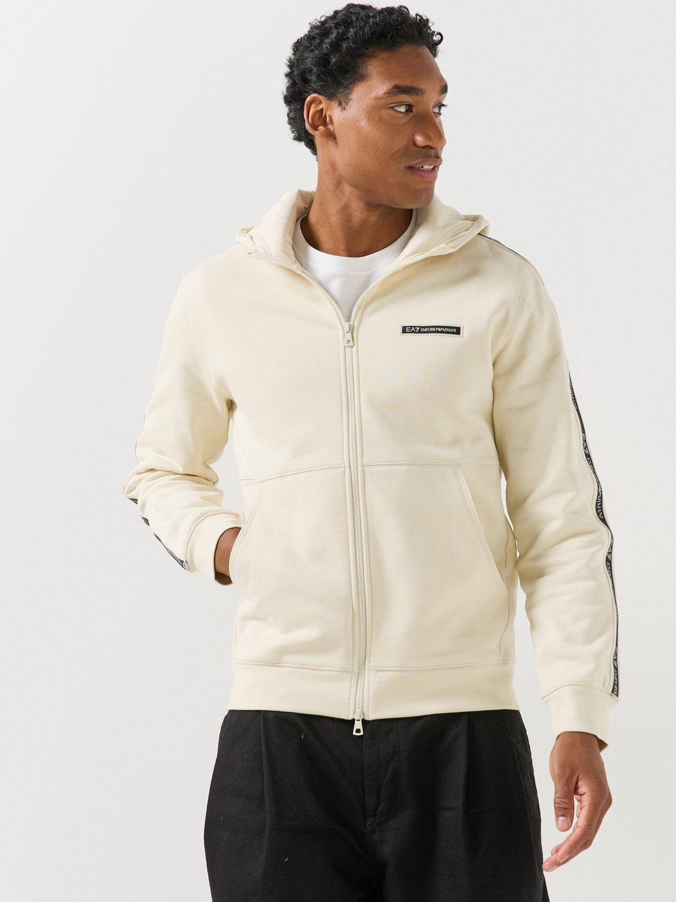 Image 1 of 6 of EA7 Emporio Armani Mens Logo Tape Two-Way Zip Hoodie - Light Beige