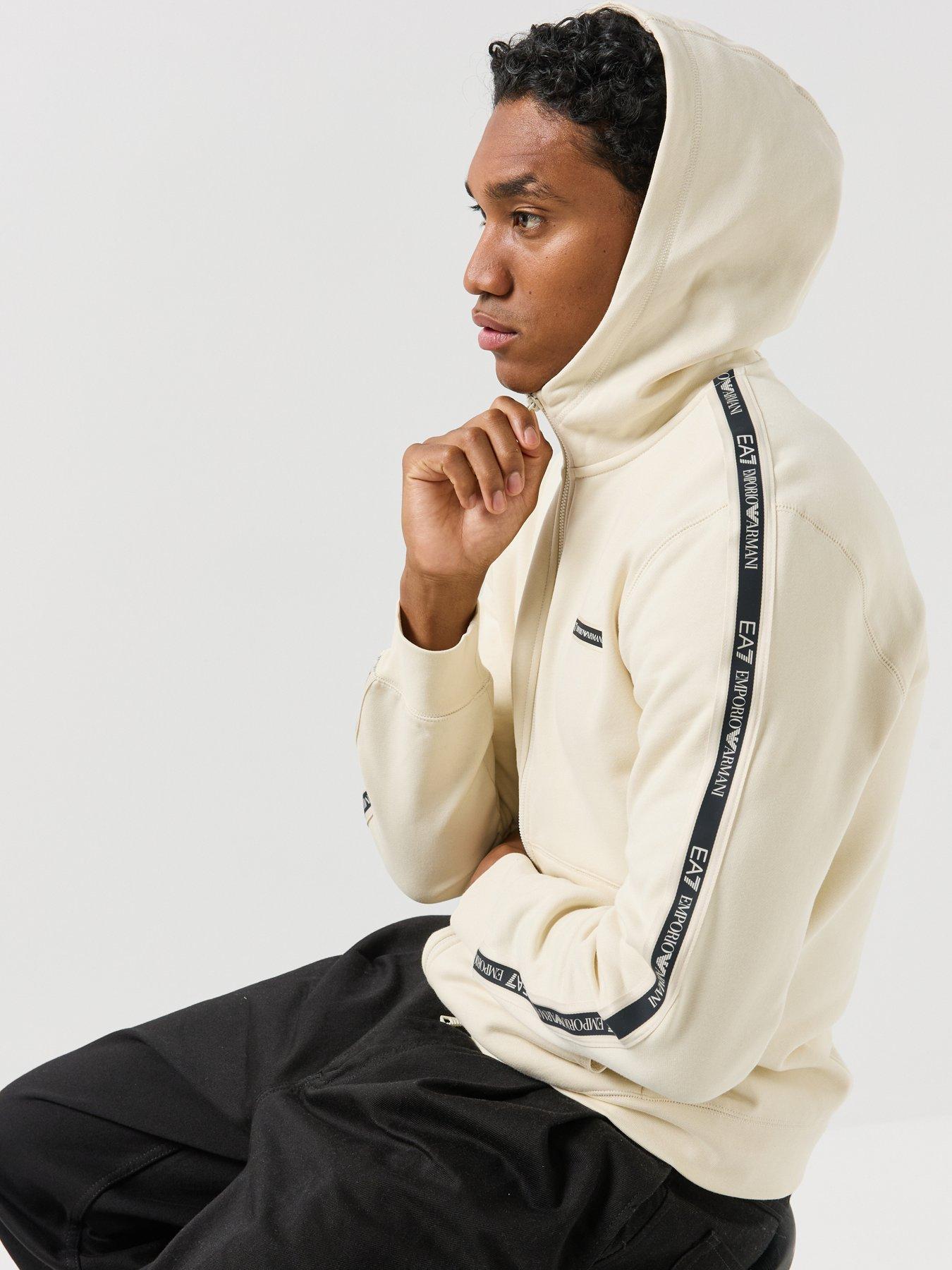 Image 4 of 6 of EA7 Emporio Armani Mens Logo Tape Two-Way Zip Hoodie - Light Beige