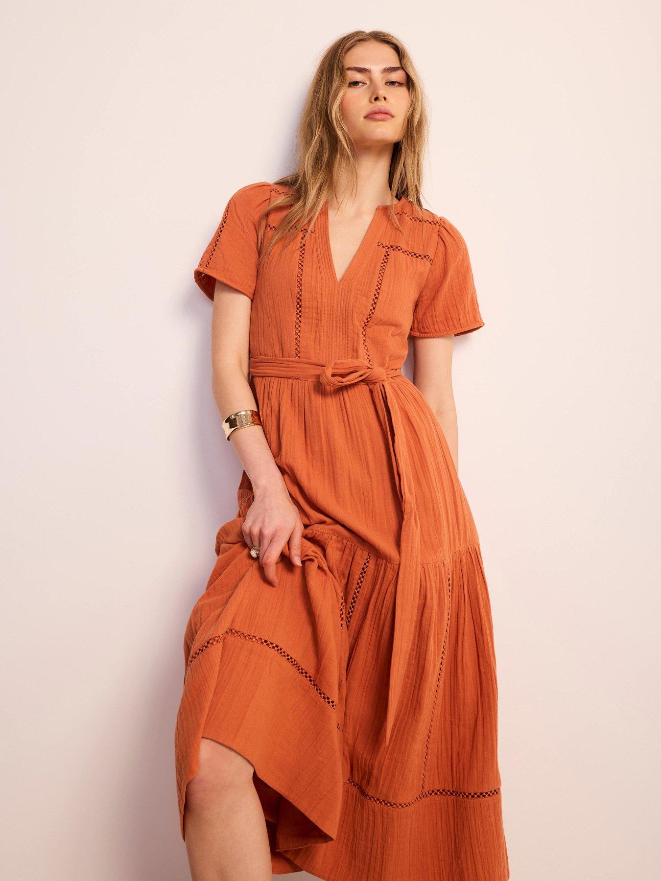 Mint Velvet Cotton Gauze Trim Maxi Dress - Orange