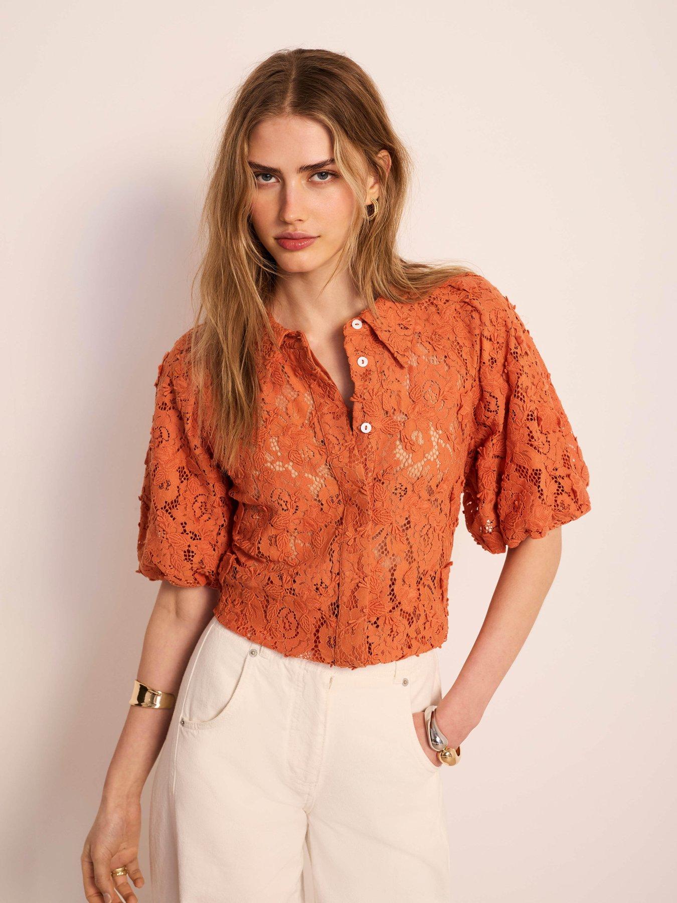 Mint Velvet Lace Puff Sleeve Top - Orange
