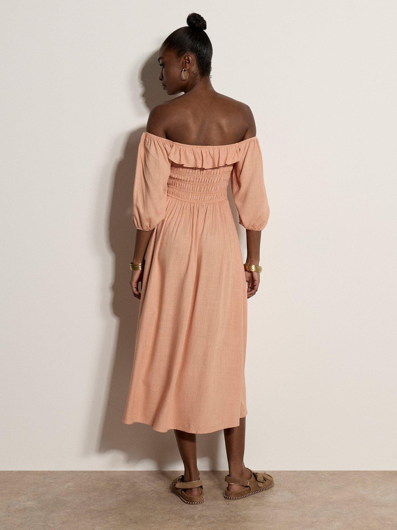Image 2 of 4 of Apricot Midi Shirred Bardot Dress - Pink