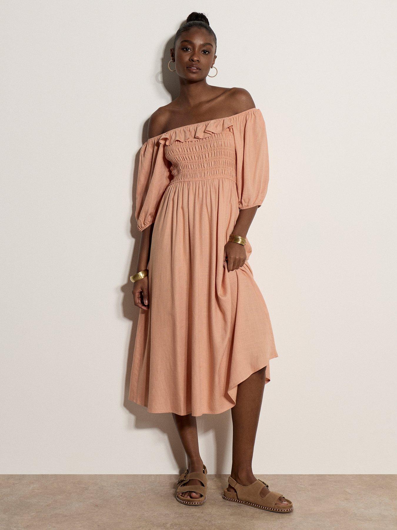 Image 3 of 4 of Apricot Midi Shirred Bardot Dress - Pink