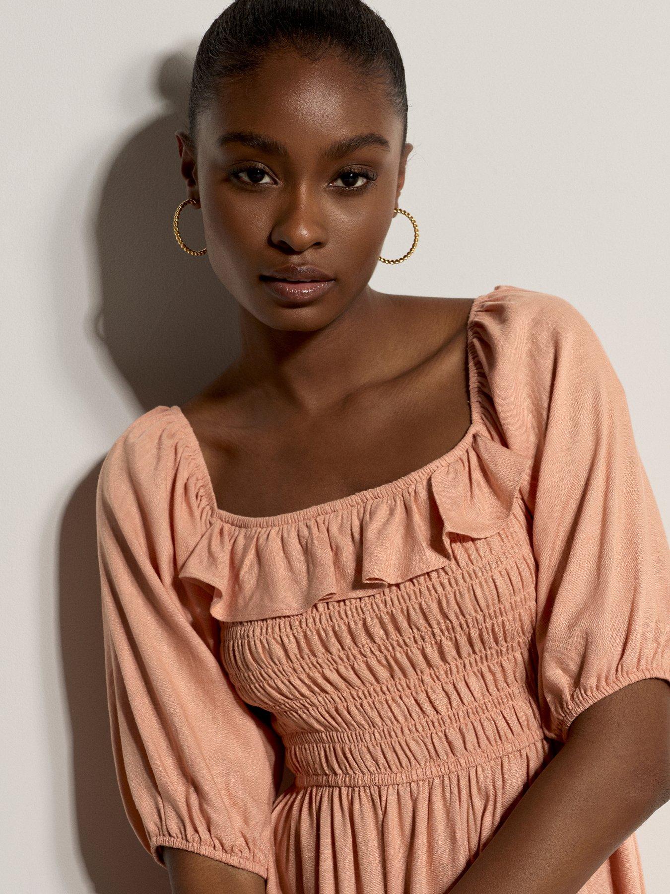 Image 4 of 4 of Apricot Midi Shirred Bardot Dress - Pink