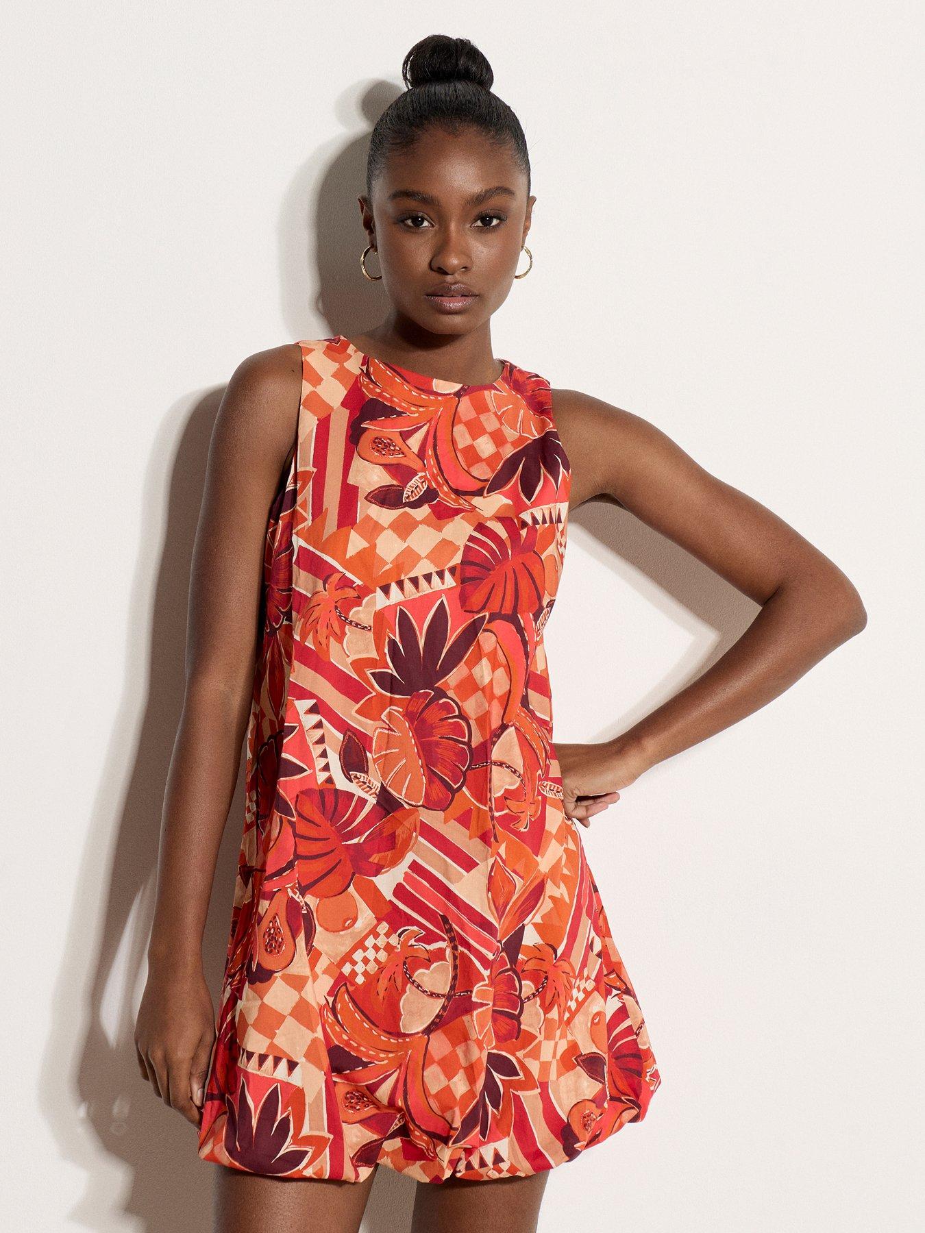 Apricot Tropical Circus Balloon Hem Shift Dress - Red