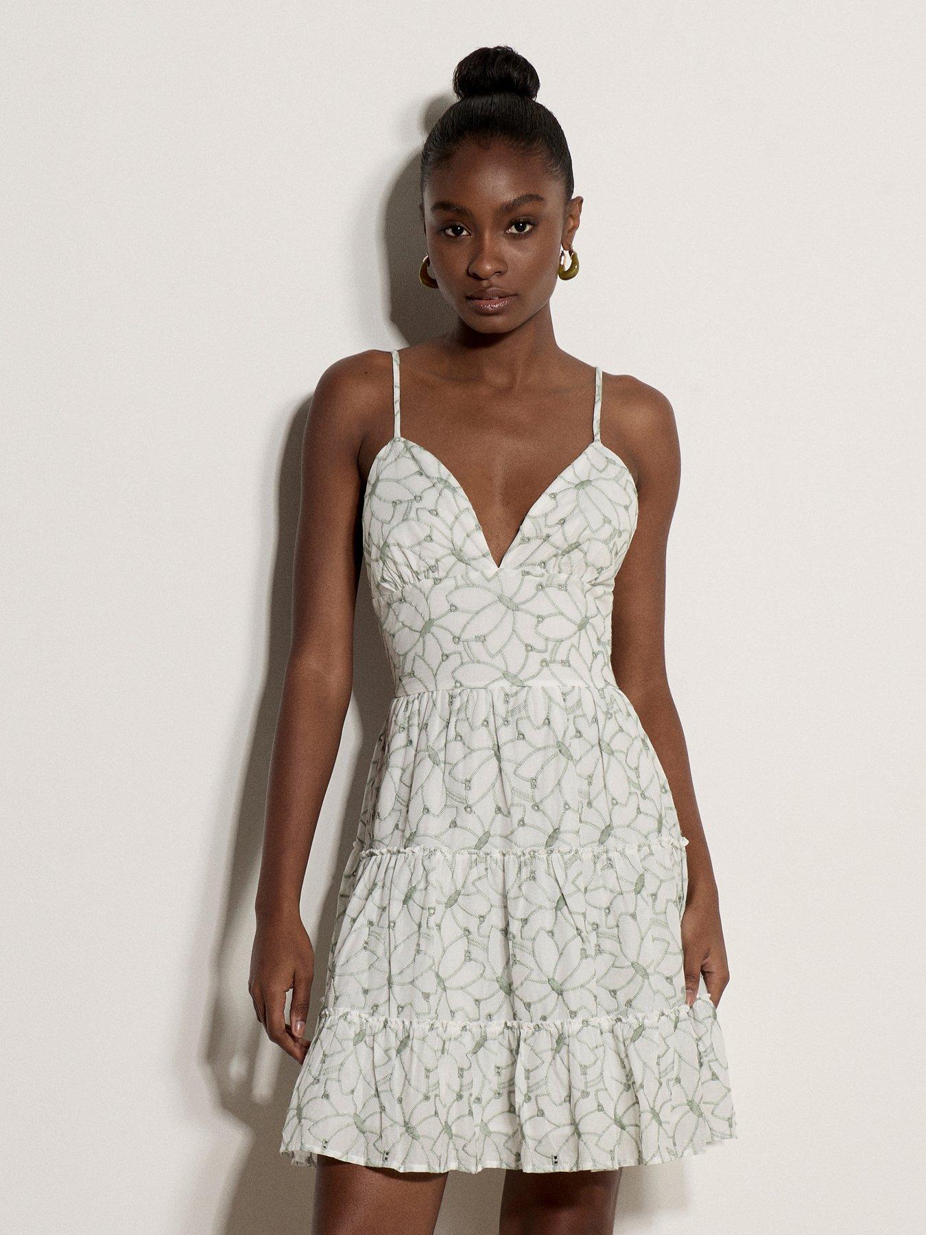 Apricot Floral Embroidered Tie Back Cami Dress - White
