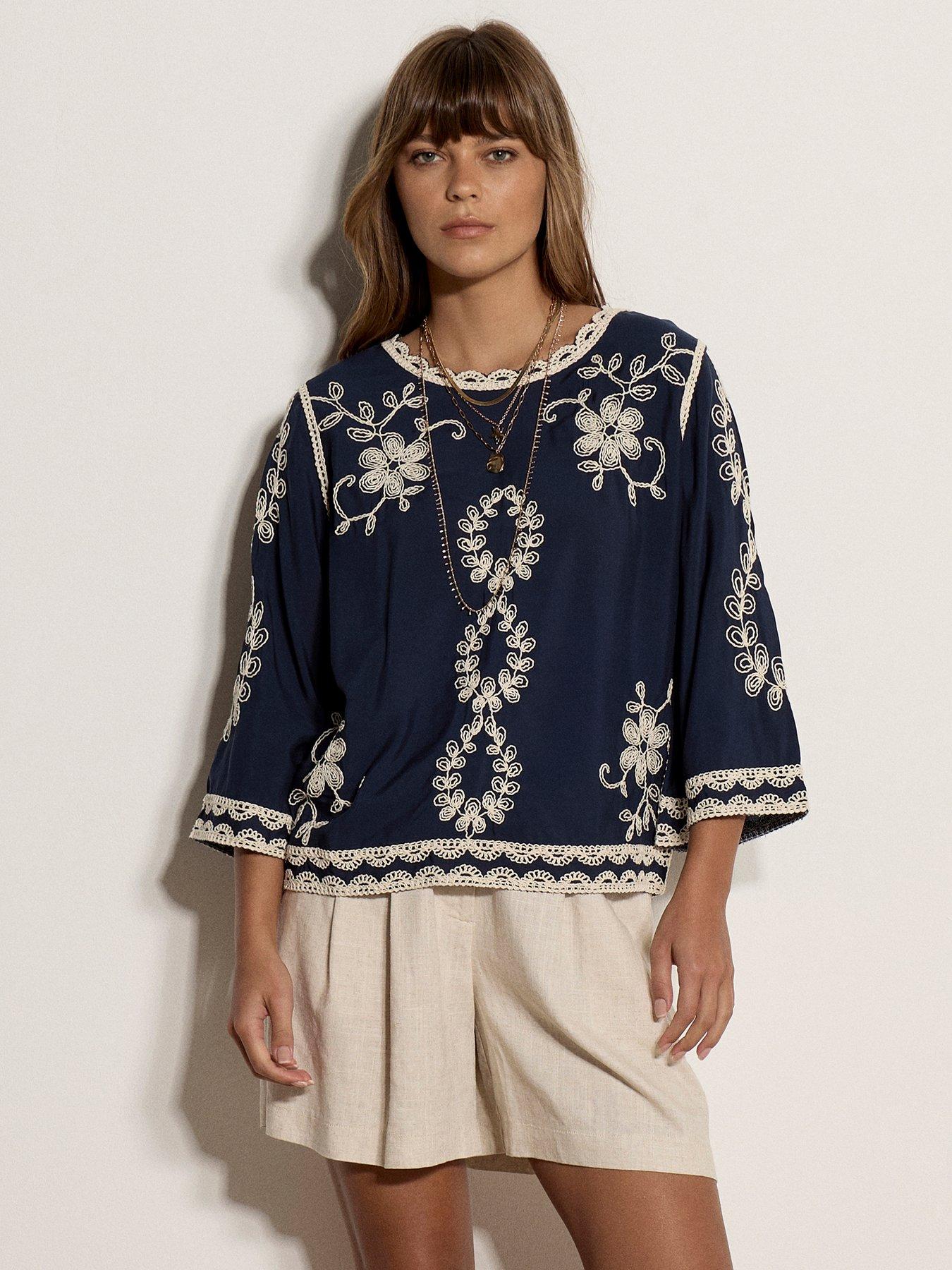 Apricot 2 Tone Embroidered Bell 3/4 Sleeve Top - Blue