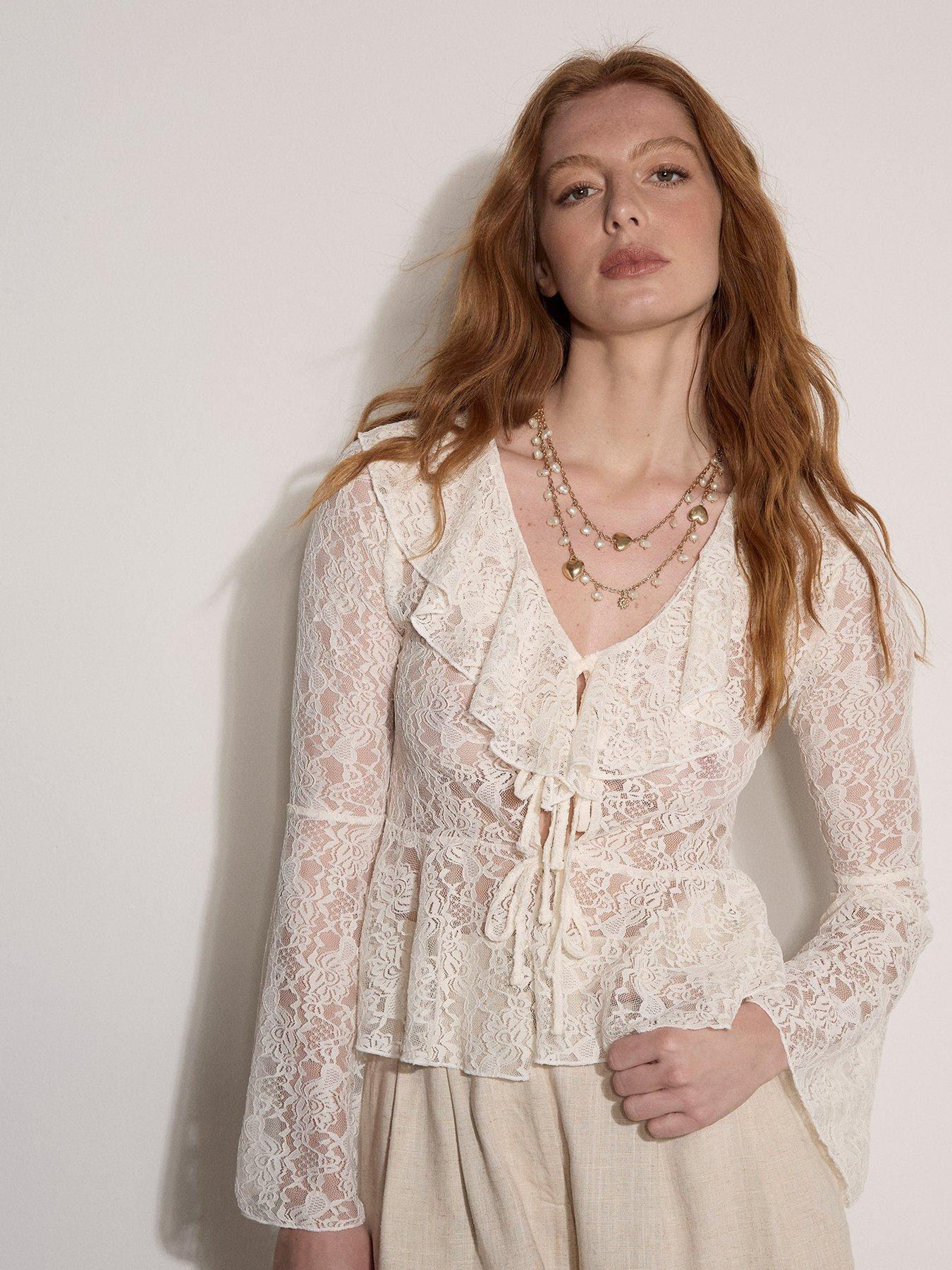 Apricot Lace Ruffle Cardigan - Cream
