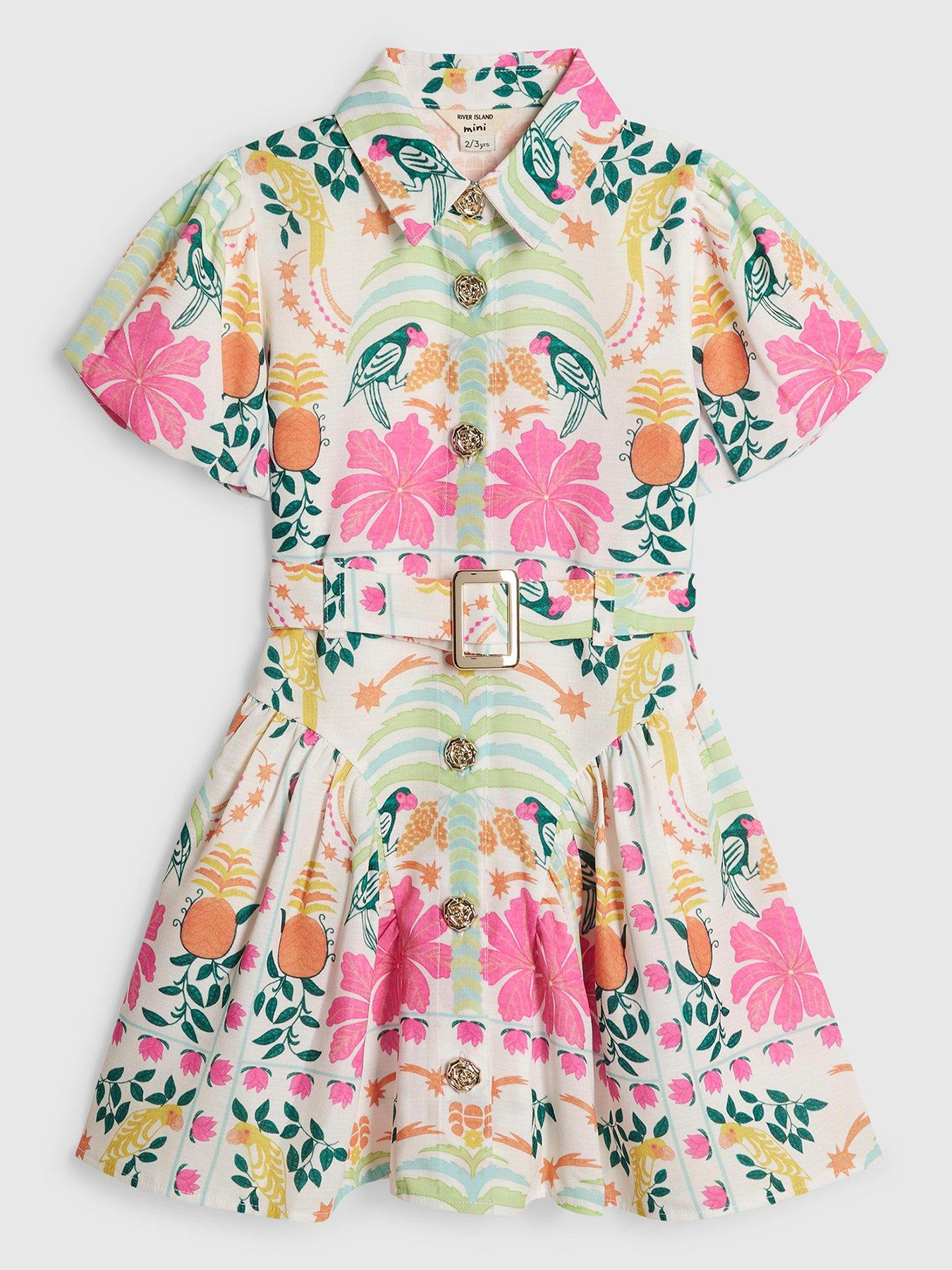 River Island Mini Girls Parrot Belted Shirt Dress - Pink