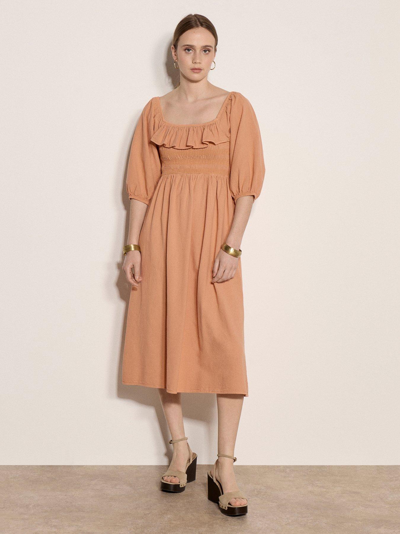 Apricot Ruffle Detail Smocked Milkmaid Dress - Pink