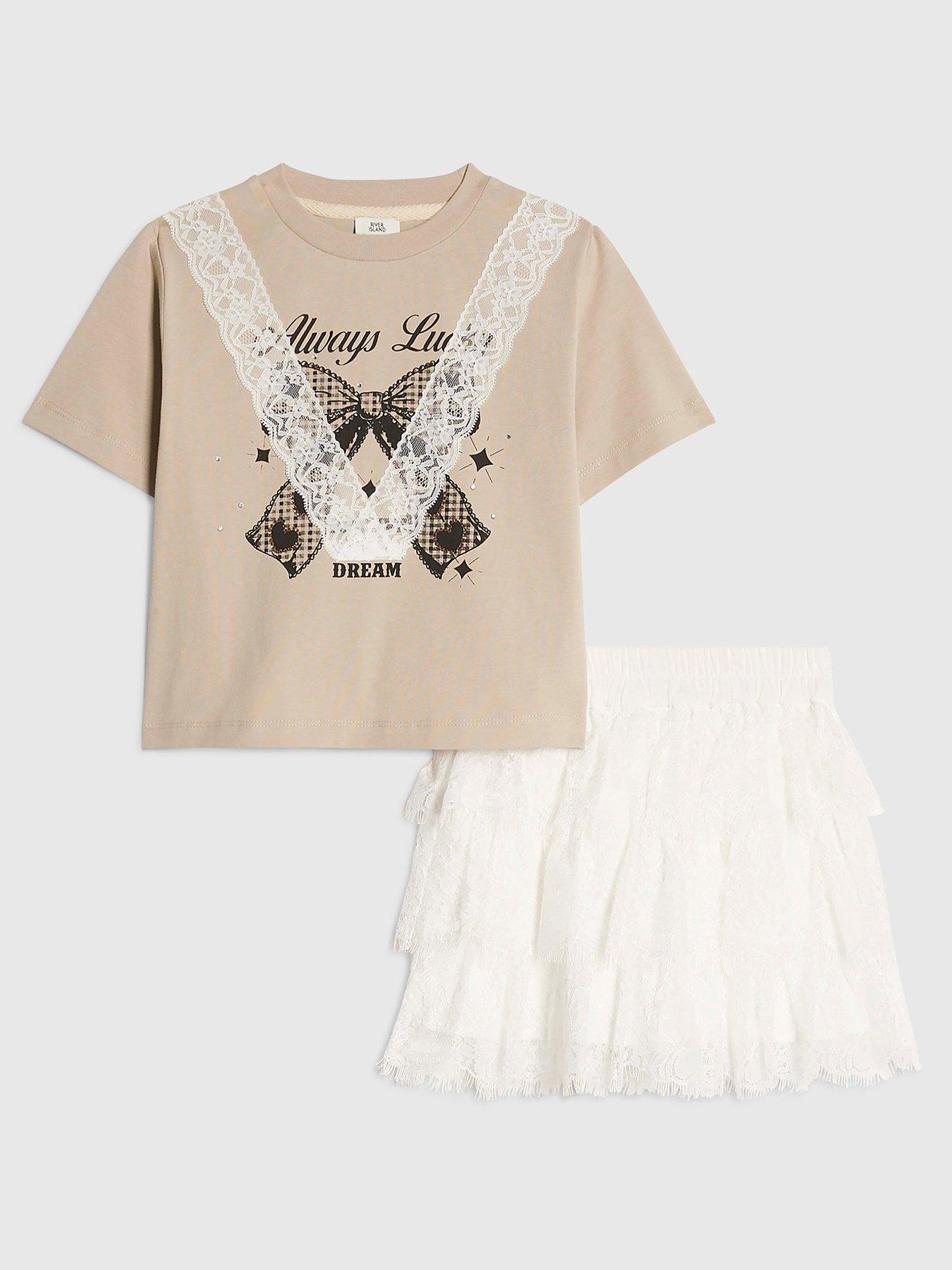 Image 1 of 5 of River Island Older Girls Lace T-Shirt And Ruffle Skirt Set - Cream