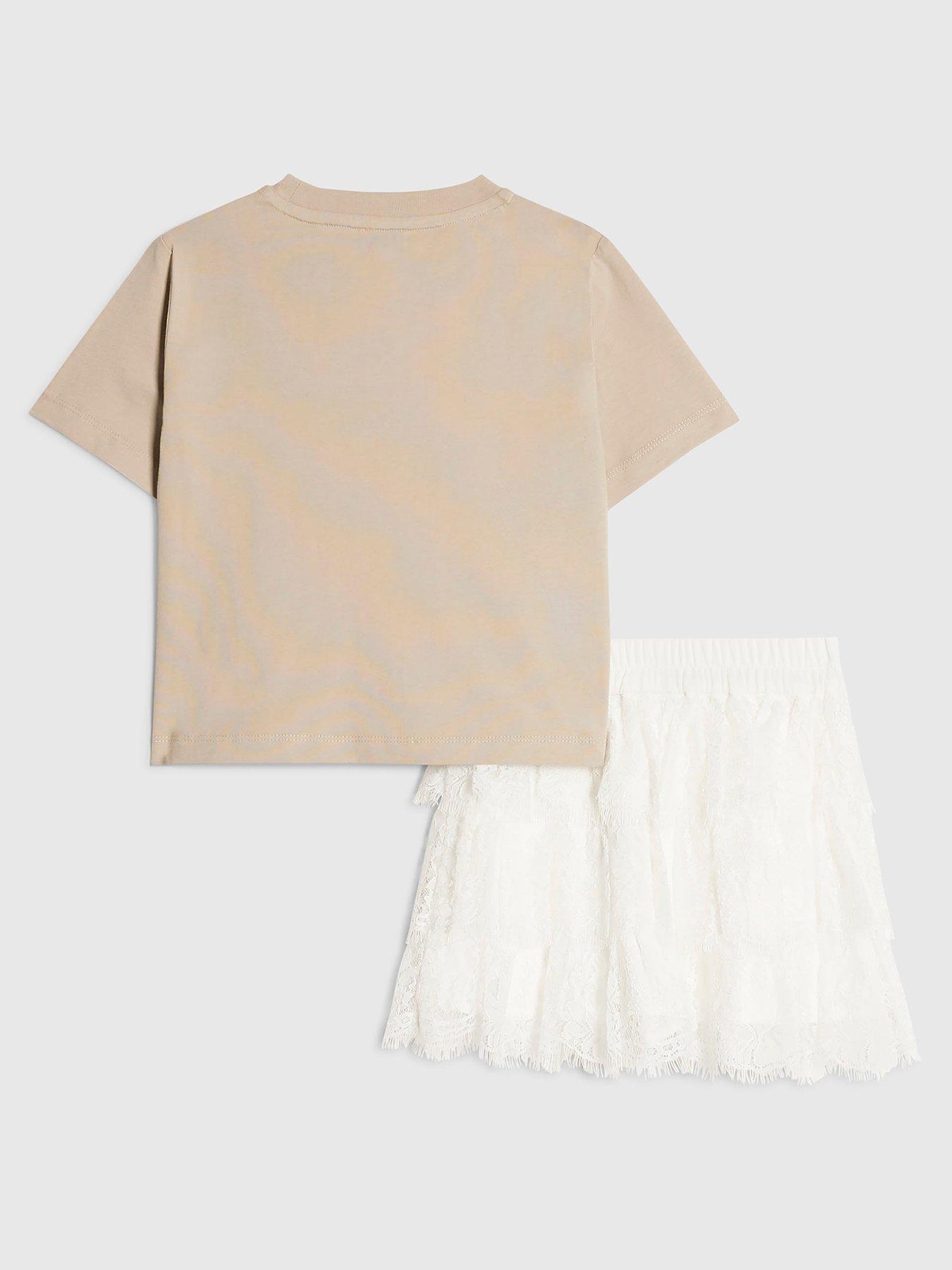 Image 2 of 5 of River Island Older Girls Lace T-Shirt And Ruffle Skirt Set - Cream