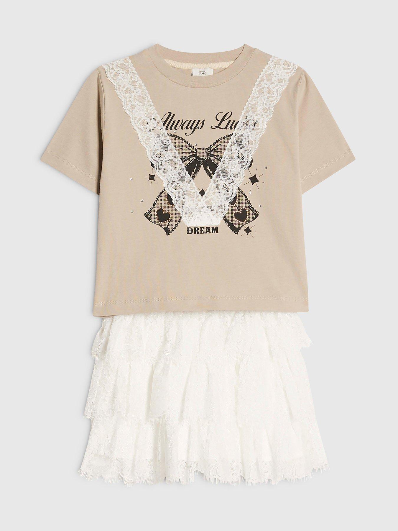 Image 3 of 5 of River Island Older Girls Lace T-Shirt And Ruffle Skirt Set - Cream