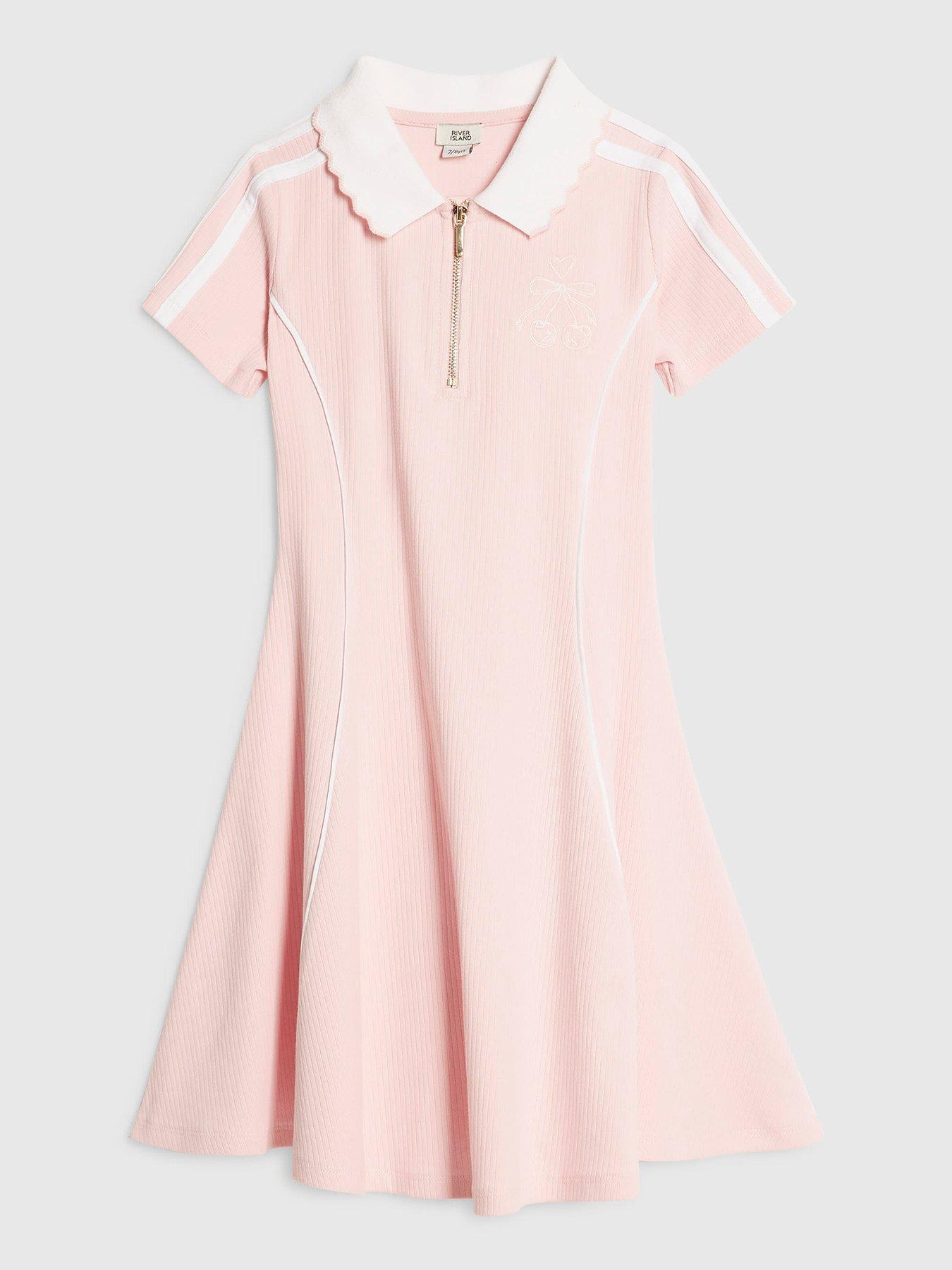 River Island Older Girls Ribbed Zip Cherry Bow Polo Dress - Light Pink