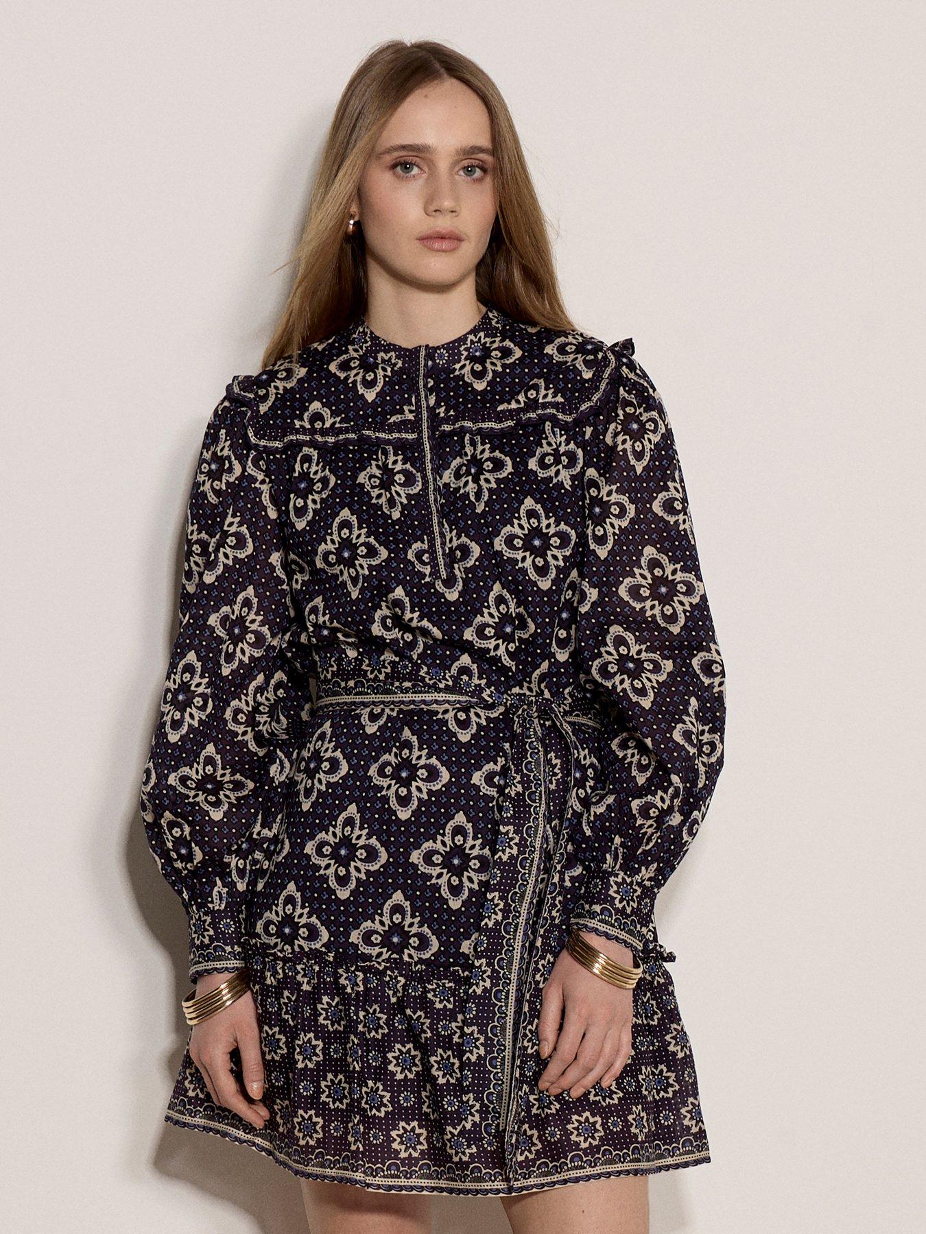 Apricot Tile Print 3/4 Length Sleeve Mini Dress - Blue