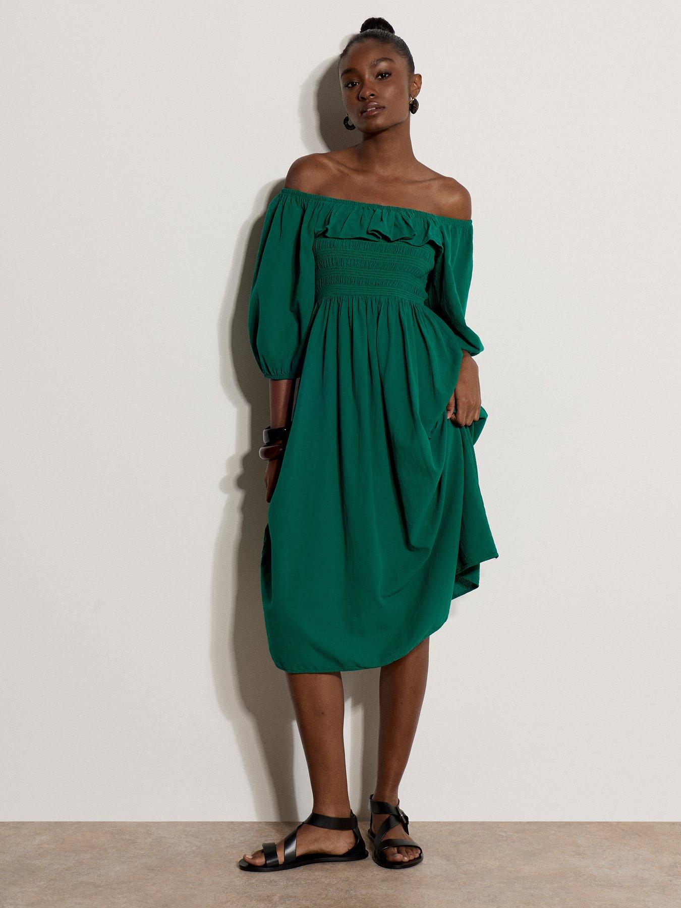 Apricot Ruffle Detail Smocked Milkmaid Dress - Green
