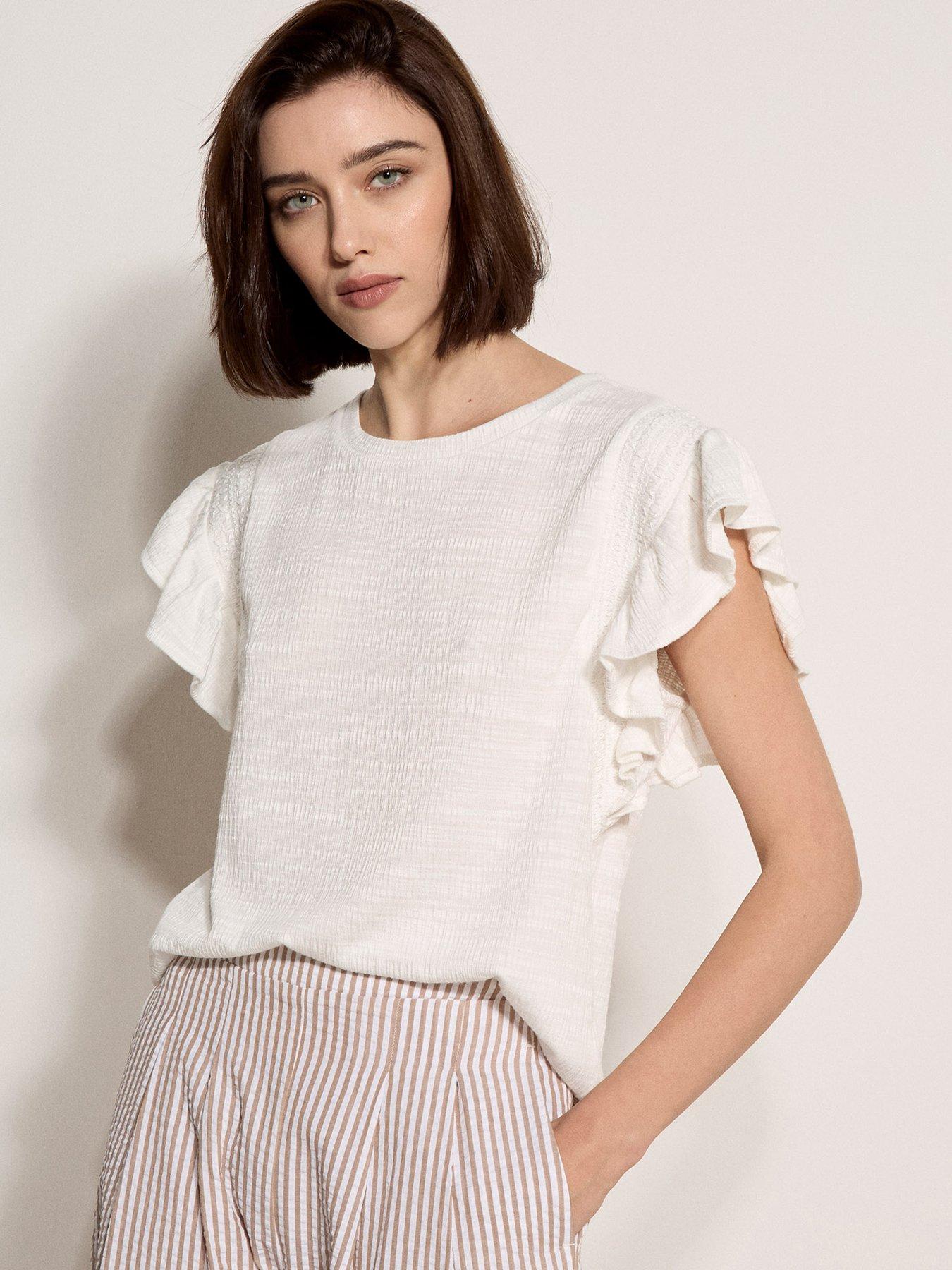 Apricot Ruffle Sleeve Textured Slub T-Shirt - Cream