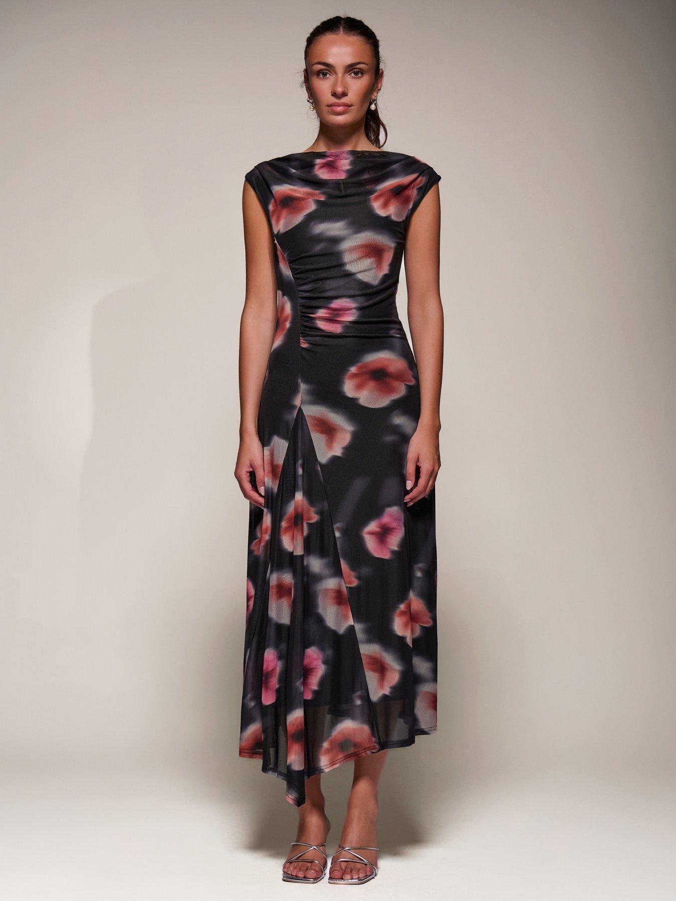 Jolie Moi Slash Neck Ruched Mesh Maxi Dress - Black