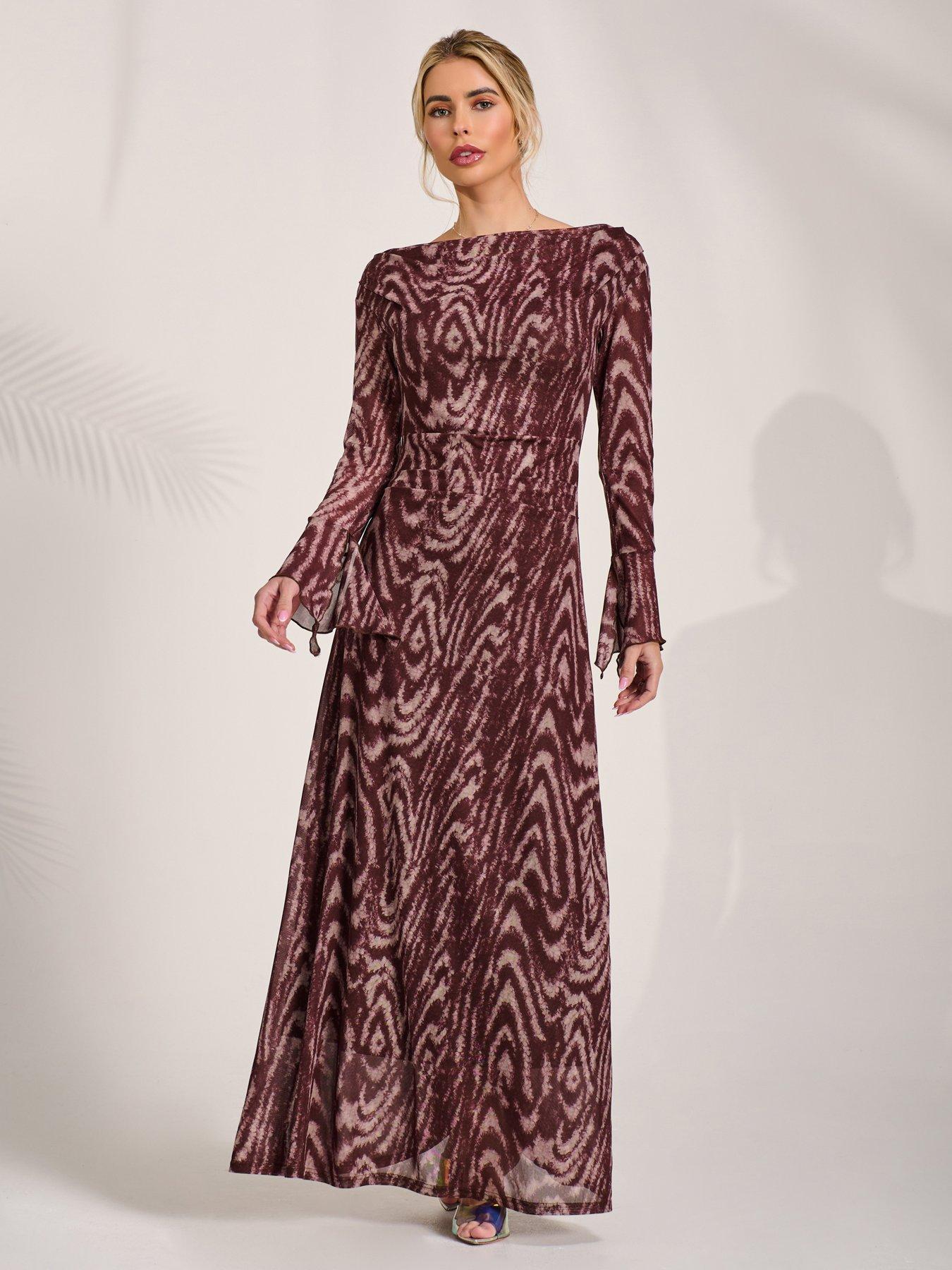 Jolie Moi Long Sleeve Slash Neck Maxi Dress - Brown