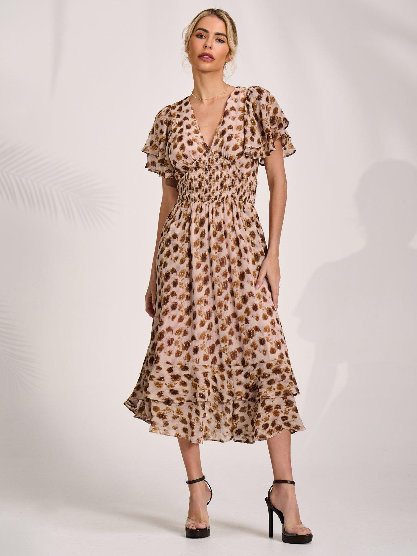 Jolie Moi Angel Sleeve Draped Mesh Midi Dress - Brown