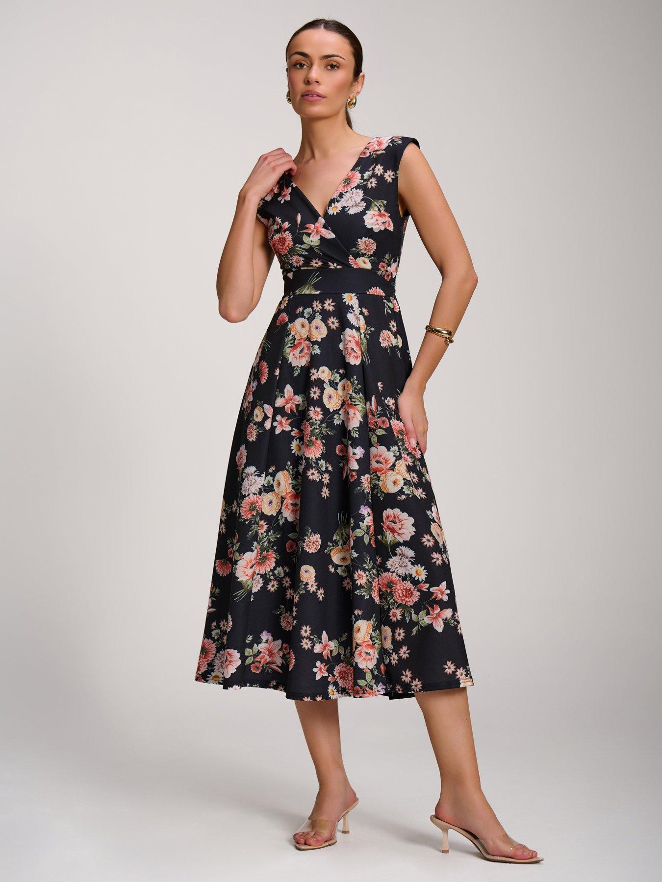 Jolie Moi V-Neck Fit  &  Flare Scuba Midaxi Dress - Black